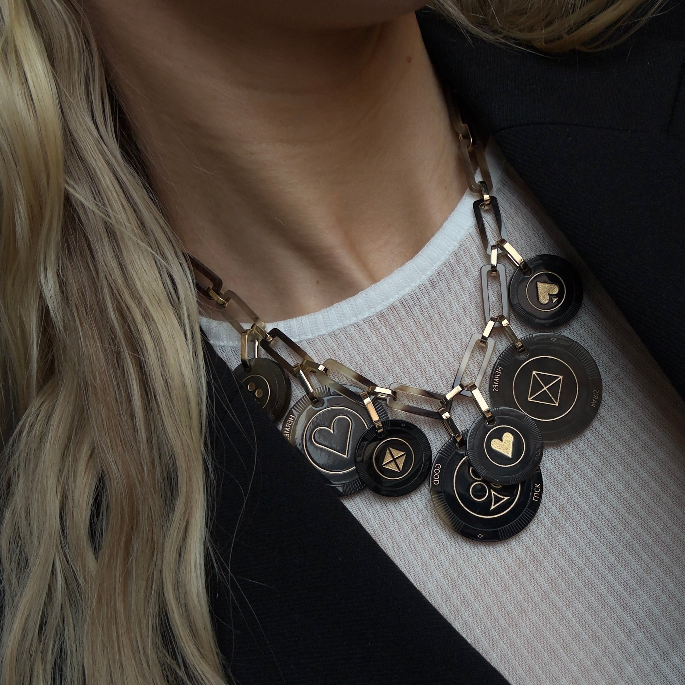 Hermes Faites Vos Jeux Large Necklace 18K Gold Plated Brass and Horn - Queen May