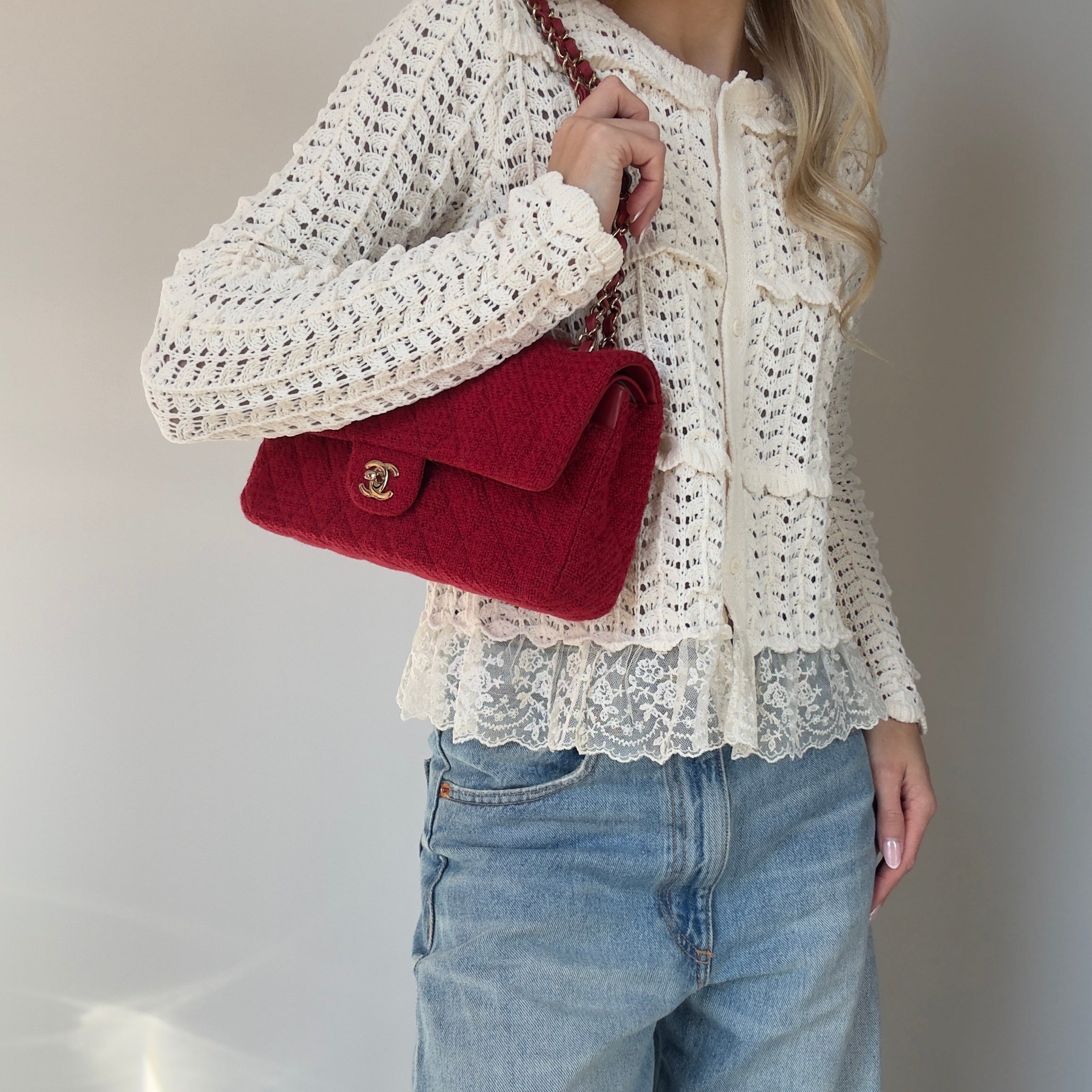 Chanel Red Wool & Tweed Medium Double Flap Bag - Queen May
