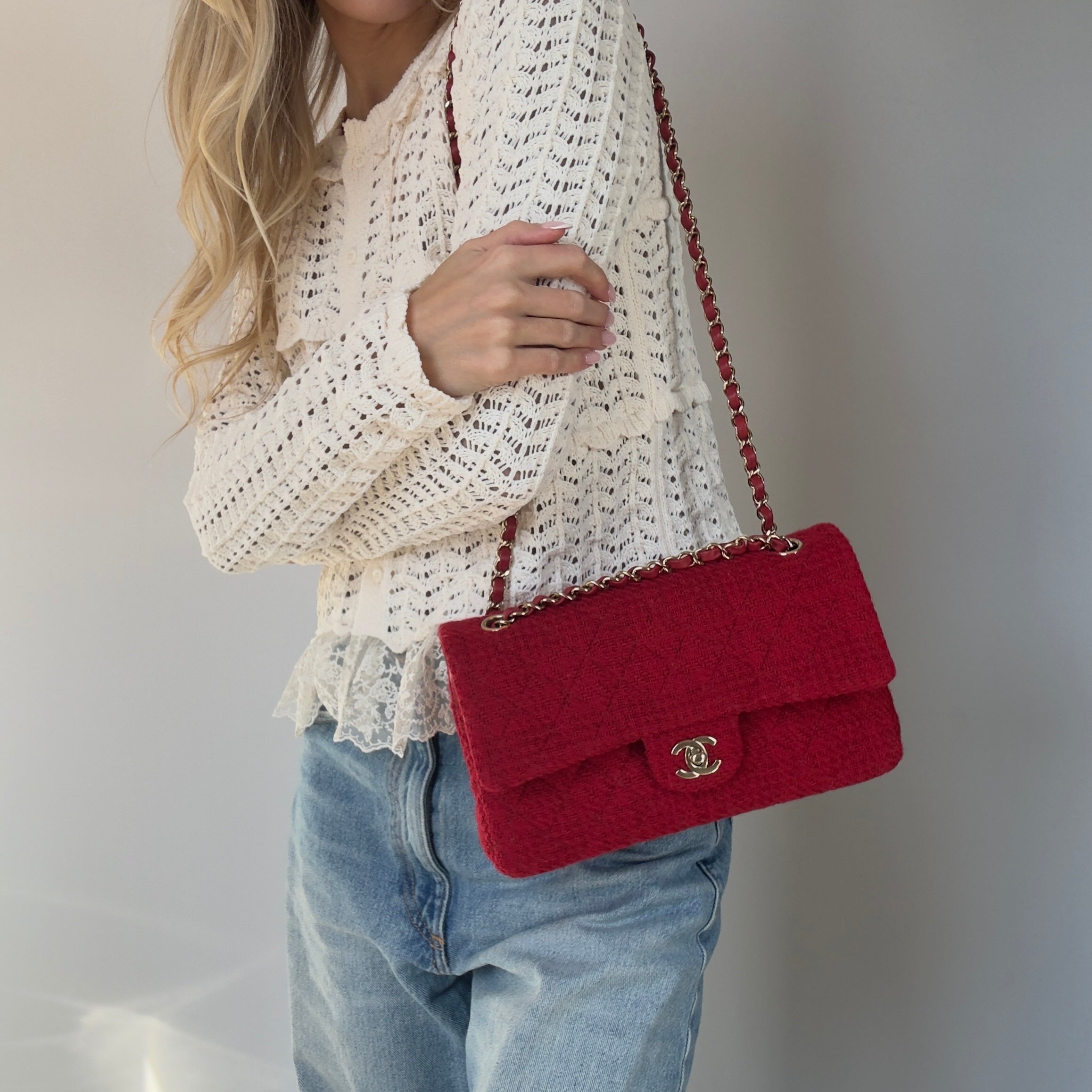 Chanel Red Wool & Tweed Medium Double Flap Bag - Queen May