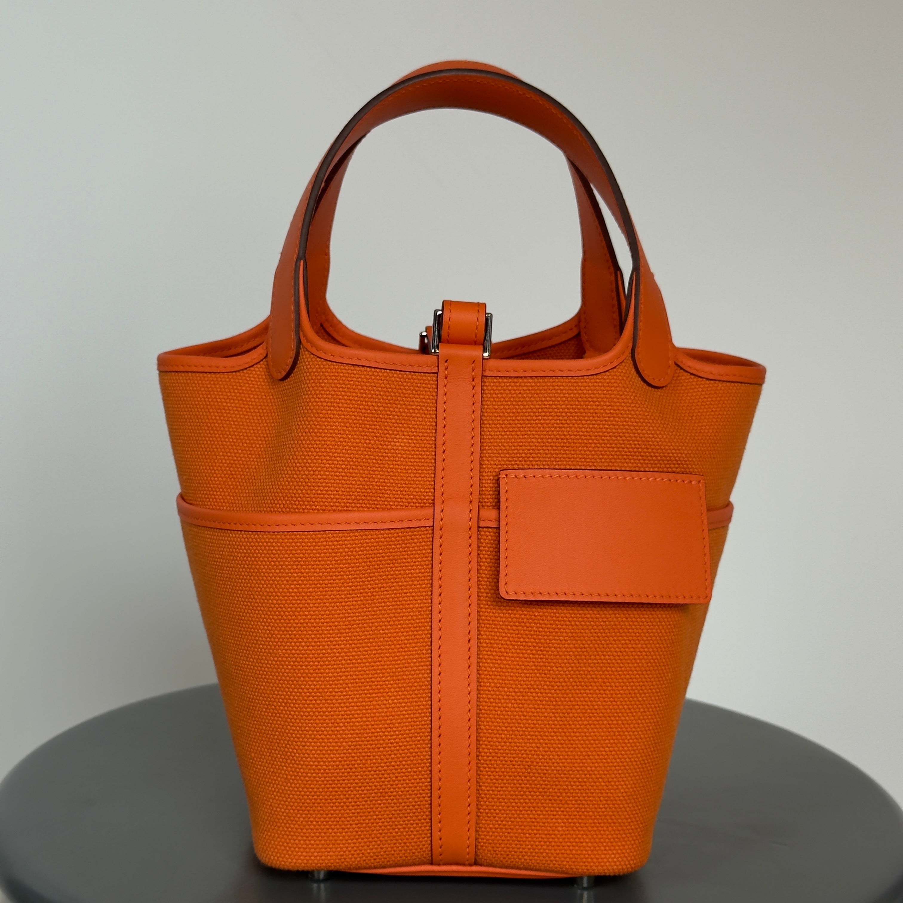 Hermes Orange Swift + Toile Goeland Cargo Picotin Lock 18 Palladium Hardware With Twilly - Queen May