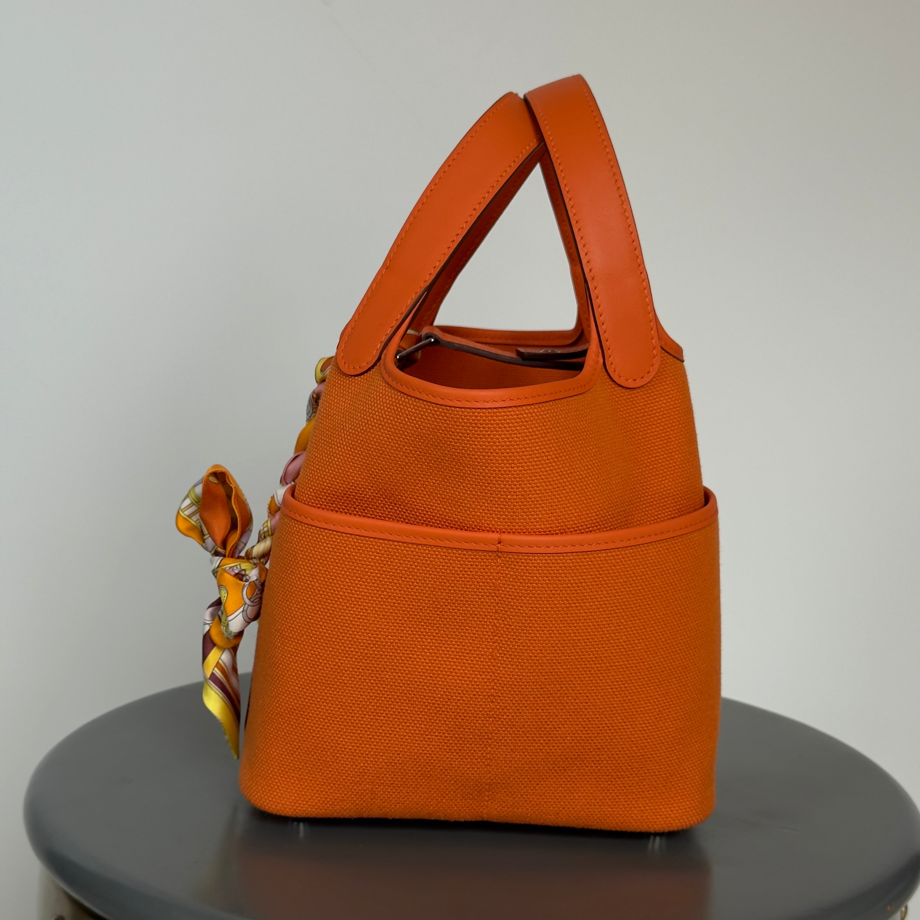 Hermes Orange Swift + Toile Goeland Cargo Picotin Lock 18 Palladium Hardware With Twilly - Queen May