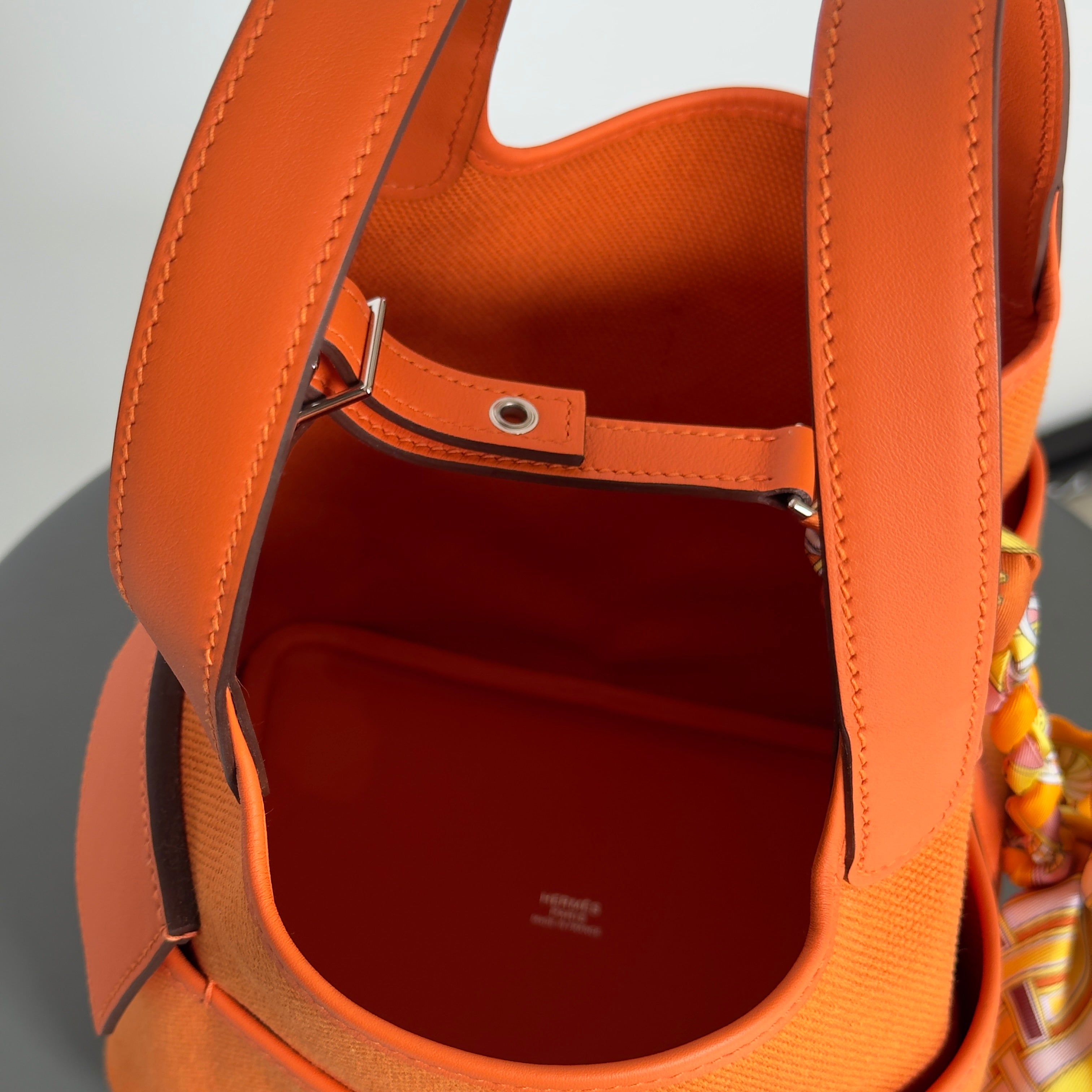 Hermes Orange Swift + Toile Goeland Cargo Picotin Lock 18 Palladium Hardware With Twilly - Queen May