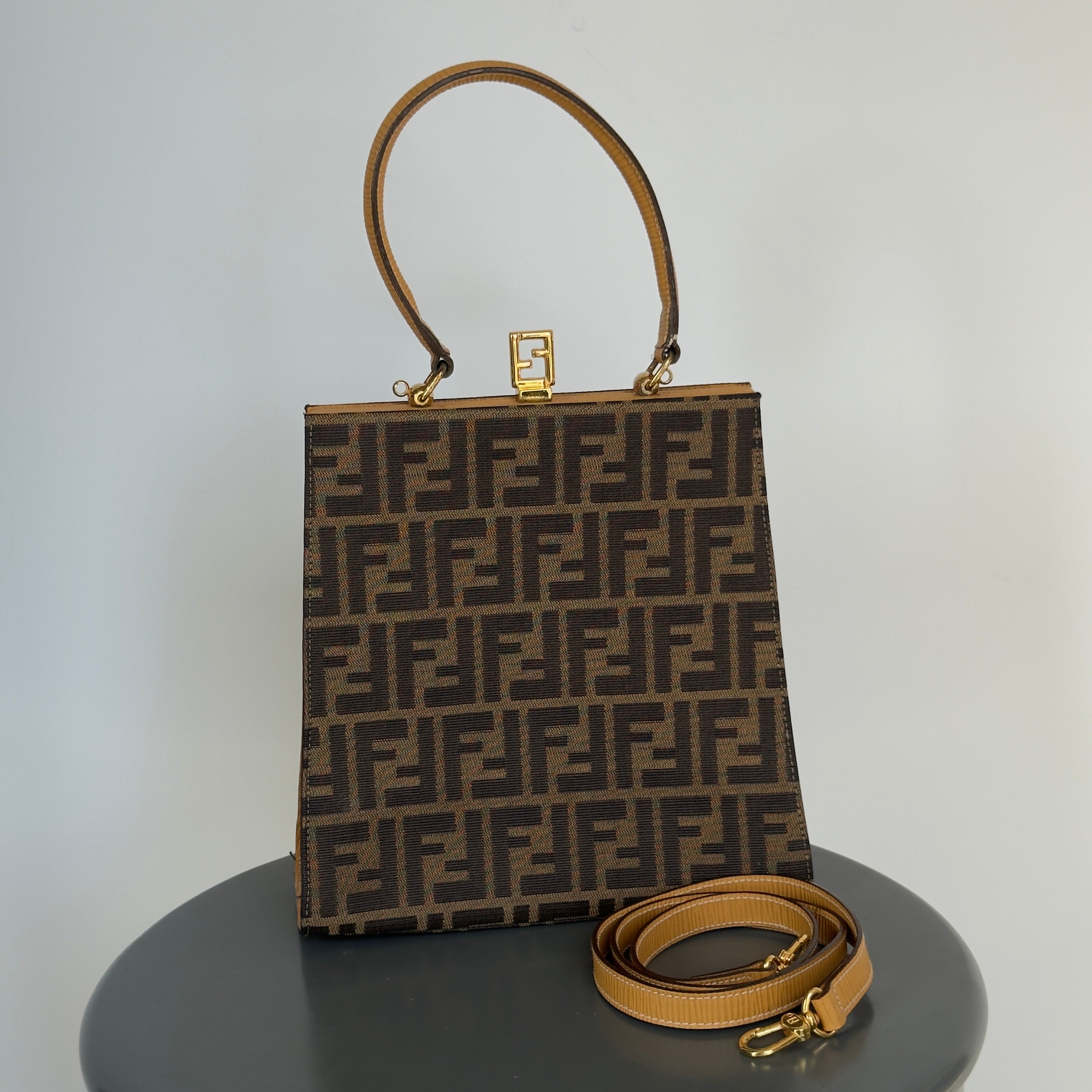 Fendi Brown Zucca Canvas Kiss Lock Bag