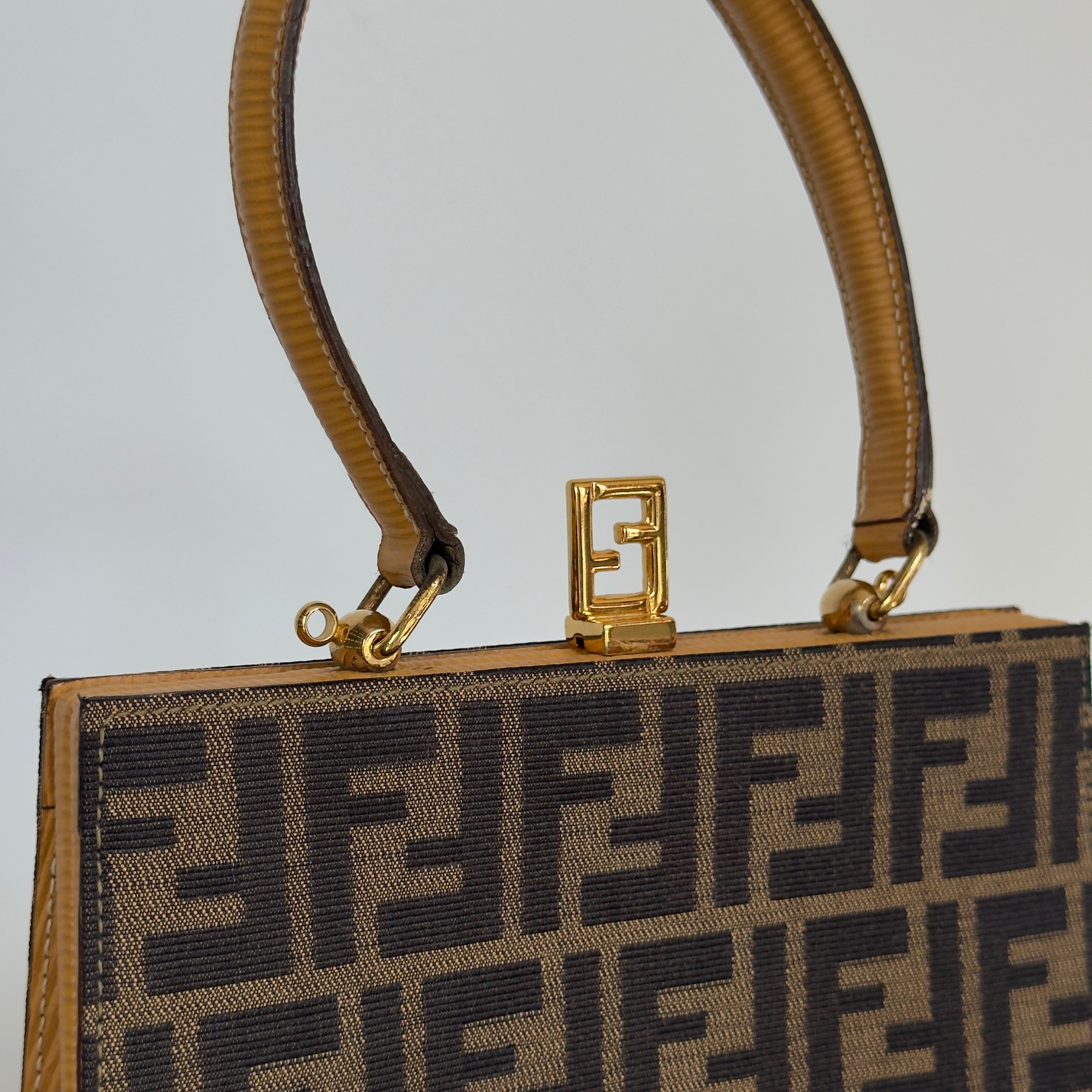 Fendi Brown Zucca Canvas Kiss Lock Bag