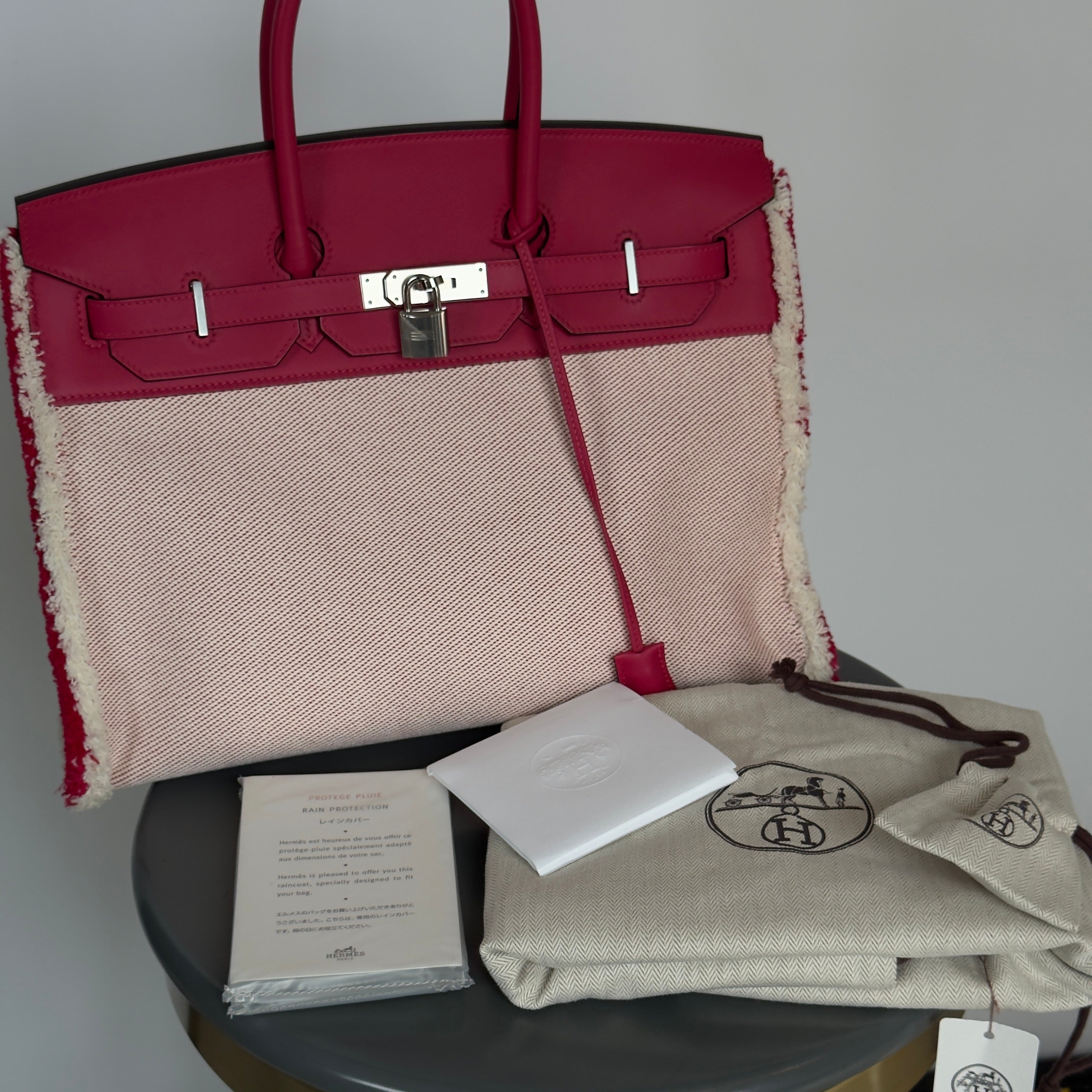 Limited Edition Hermes Framboise Swift and Ecru Toile Fray Fray Birkin 35 PHW Palladium Hardware - Queen May