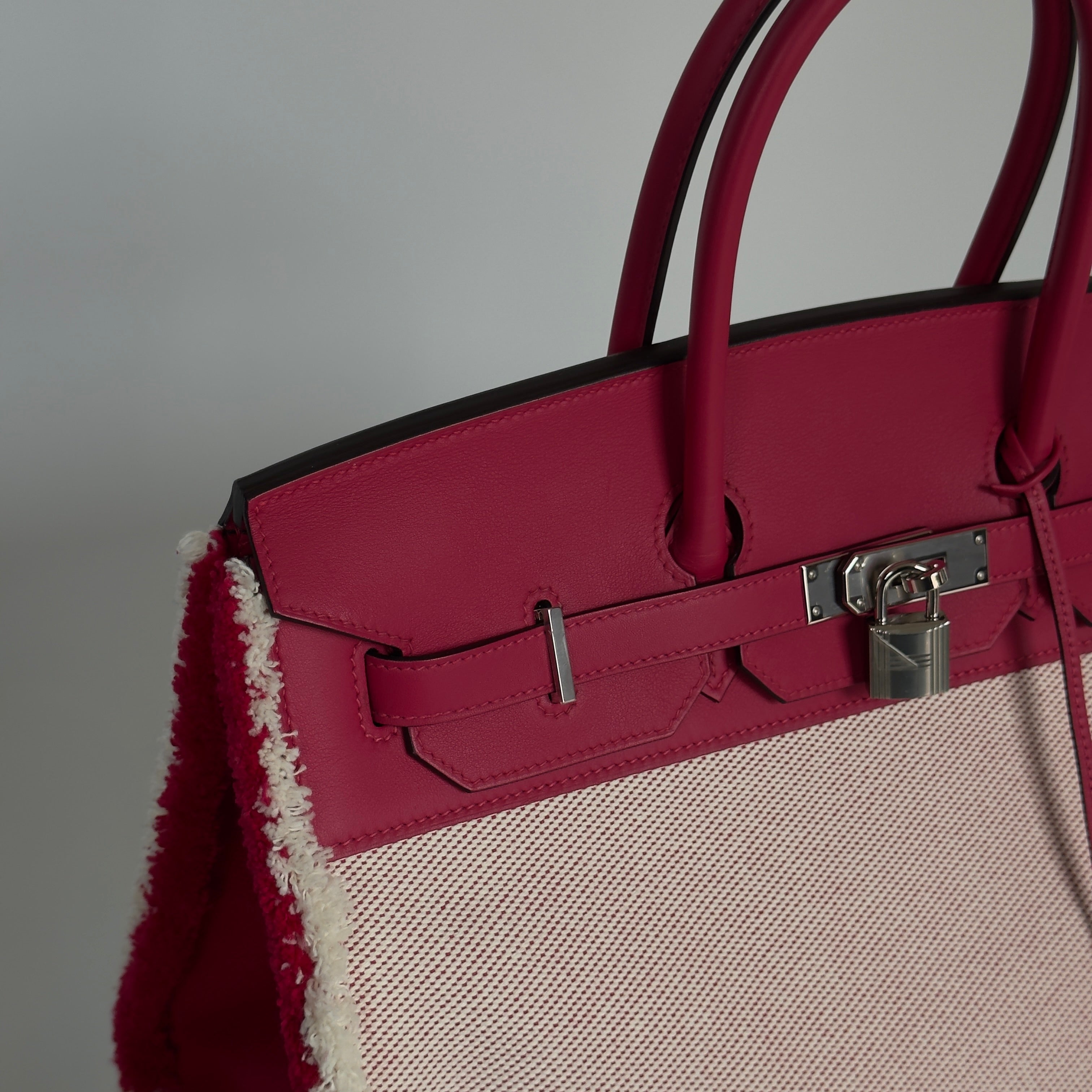 Limited Edition Hermes Framboise Swift and Ecru Toile Fray Fray Birkin 35 PHW Palladium Hardware - Queen May