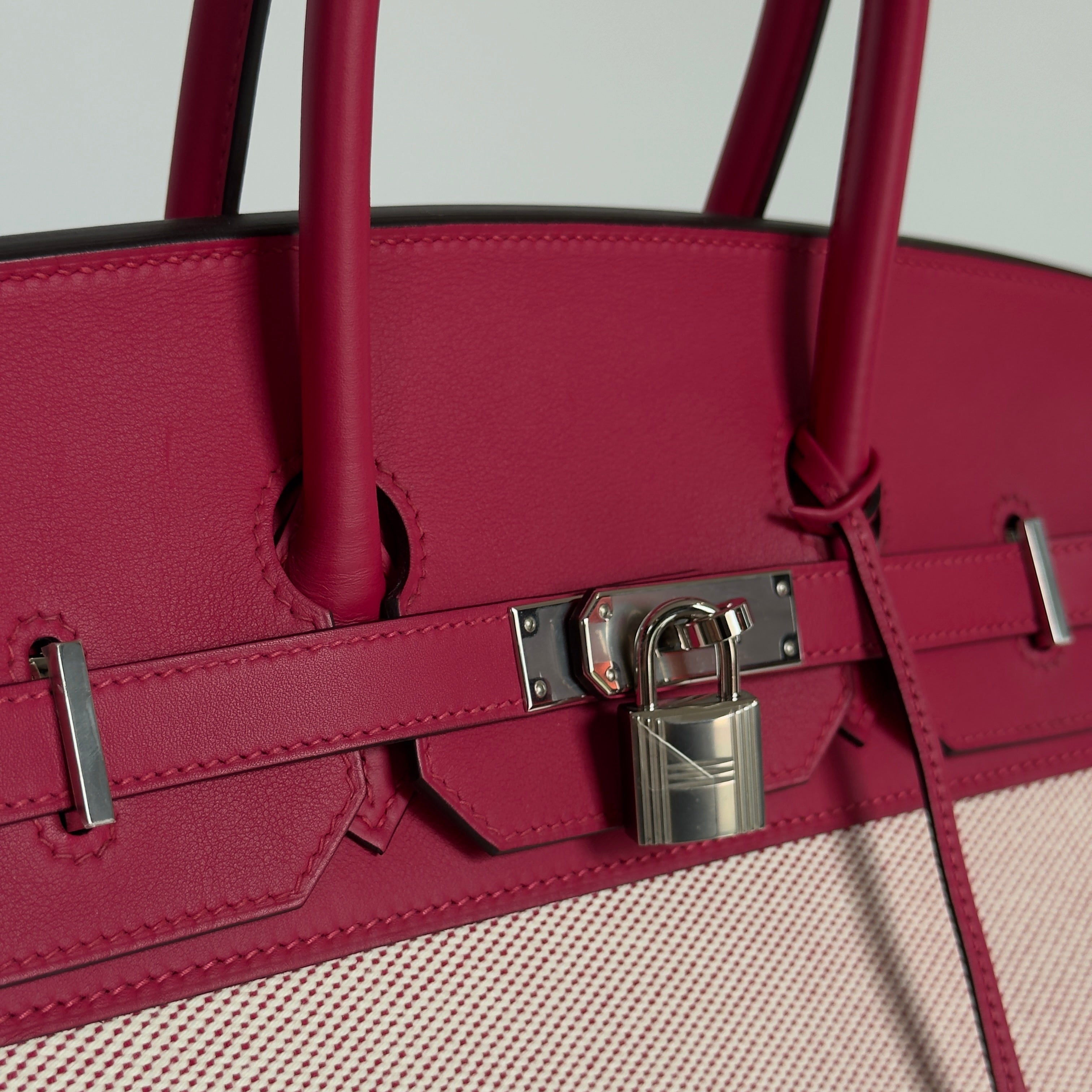 Limited Edition Hermes Framboise Swift and Ecru Toile Fray Fray Birkin 35 PHW Palladium Hardware - Queen May
