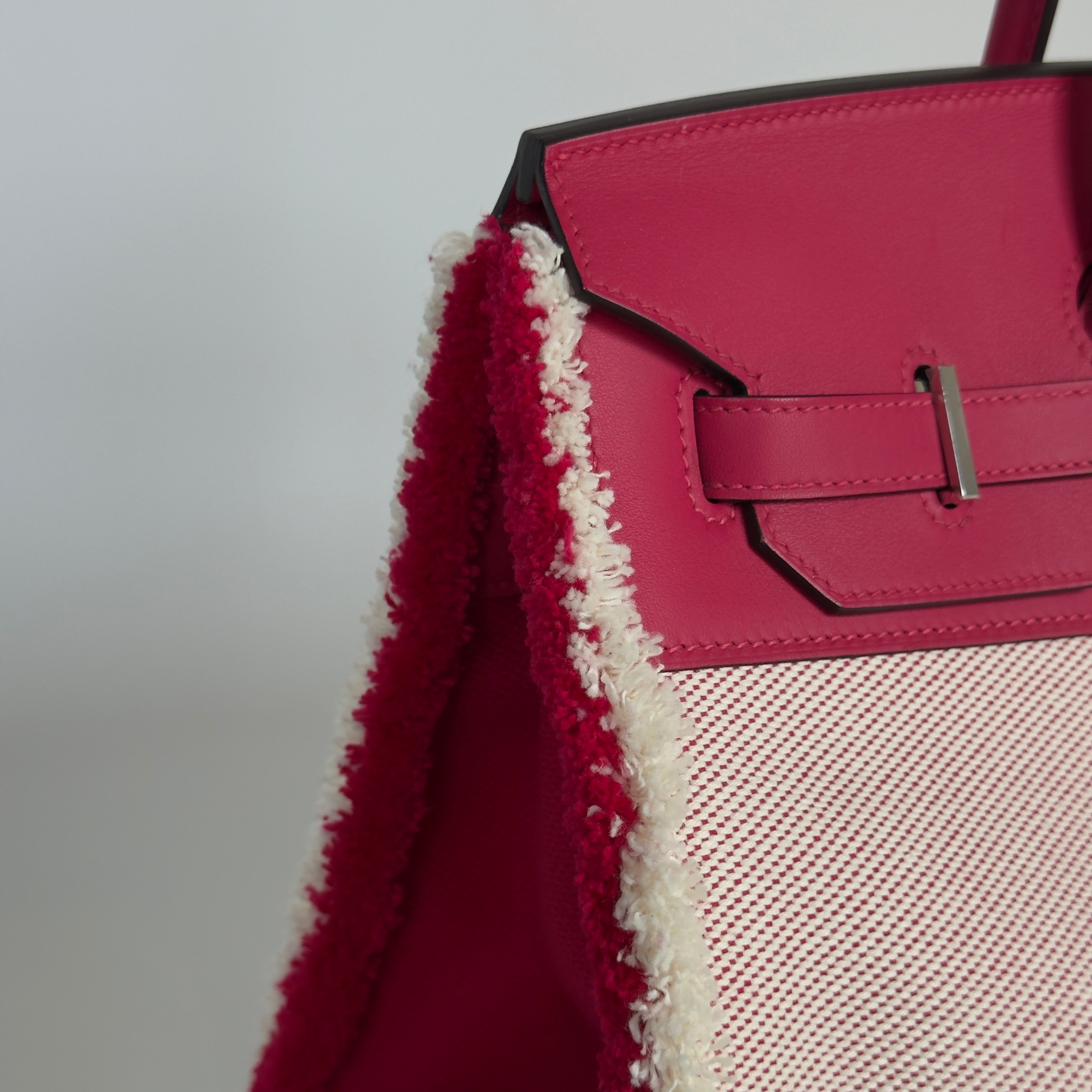 Limited Edition Hermes Framboise Swift and Ecru Toile Fray Fray Birkin 35 PHW Palladium Hardware - Queen May