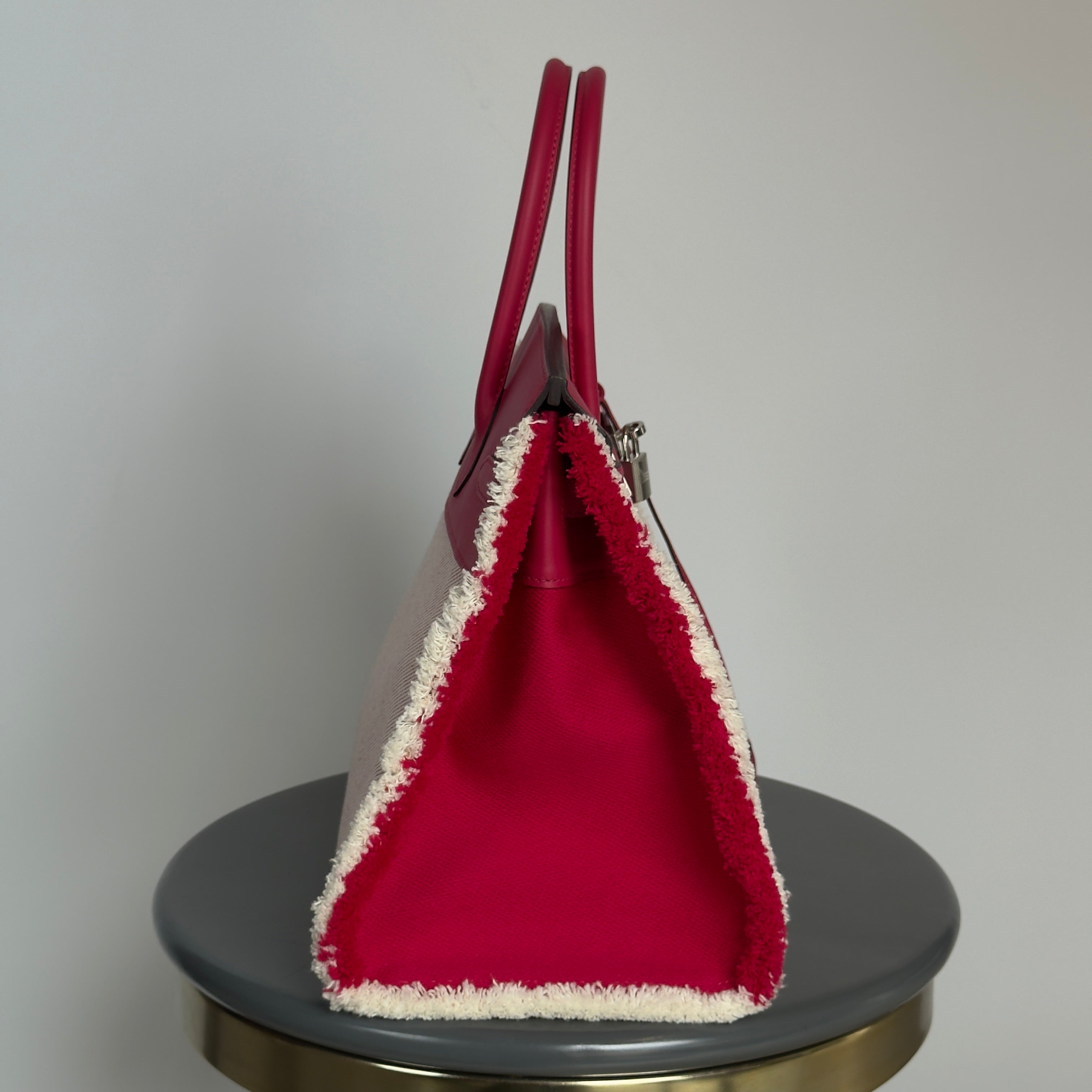 Limited Edition Hermes Framboise Swift and Ecru Toile Fray Fray Birkin 35 PHW Palladium Hardware - Queen May