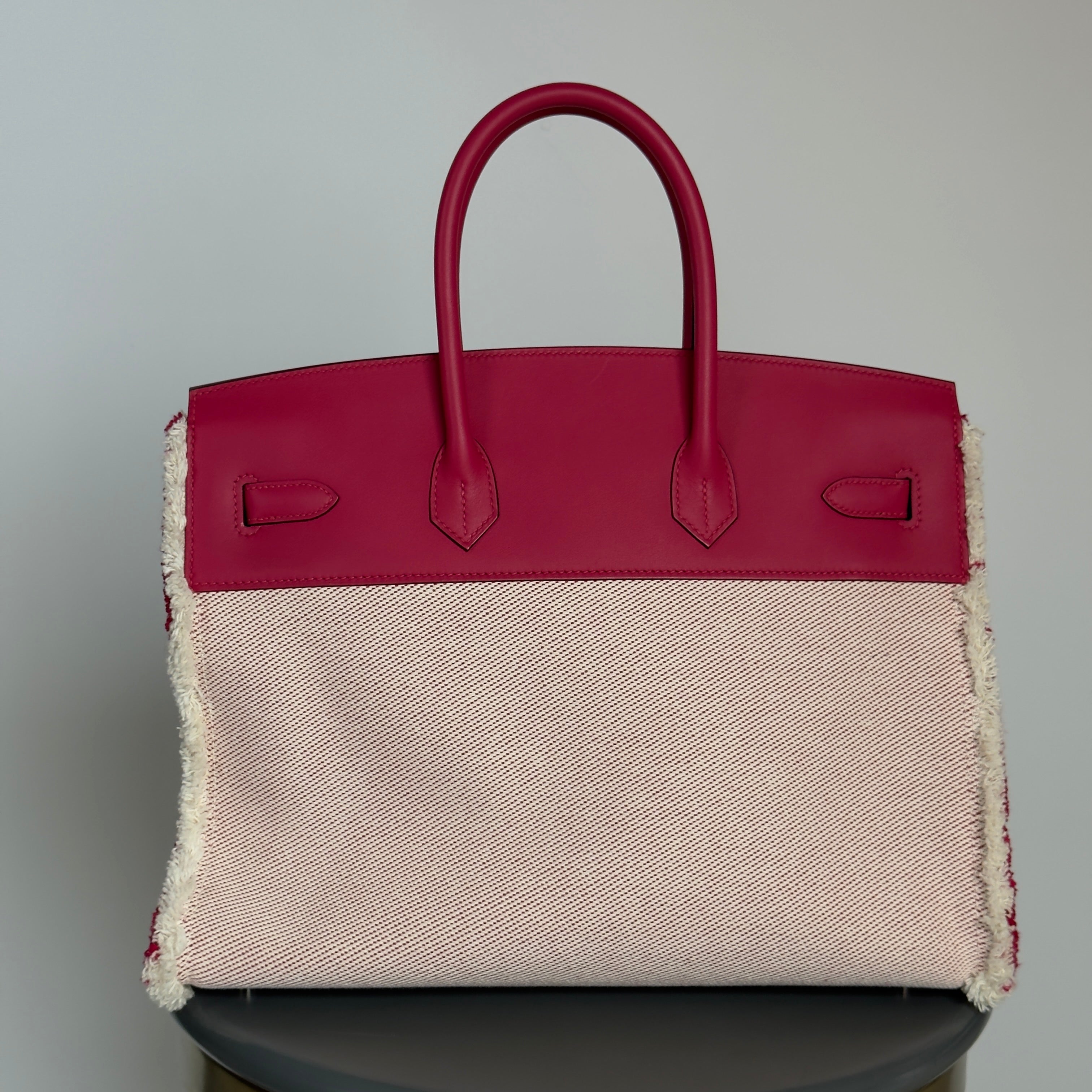 Limited Edition Hermes Framboise Swift and Ecru Toile Fray Fray Birkin 35 PHW Palladium Hardware - Queen May