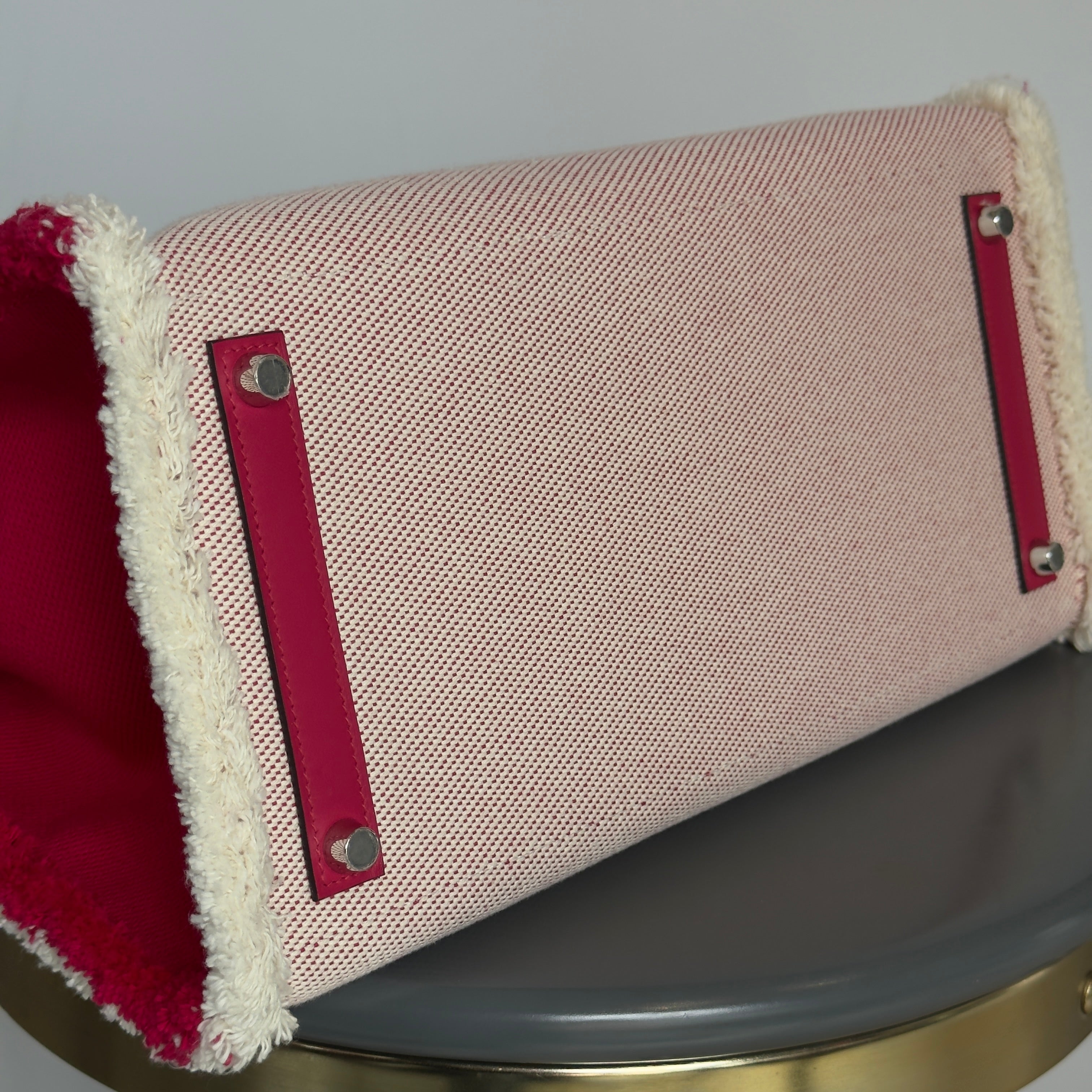 Limited Edition Hermes Framboise Swift and Ecru Toile Fray Fray Birkin 35 PHW Palladium Hardware - Queen May