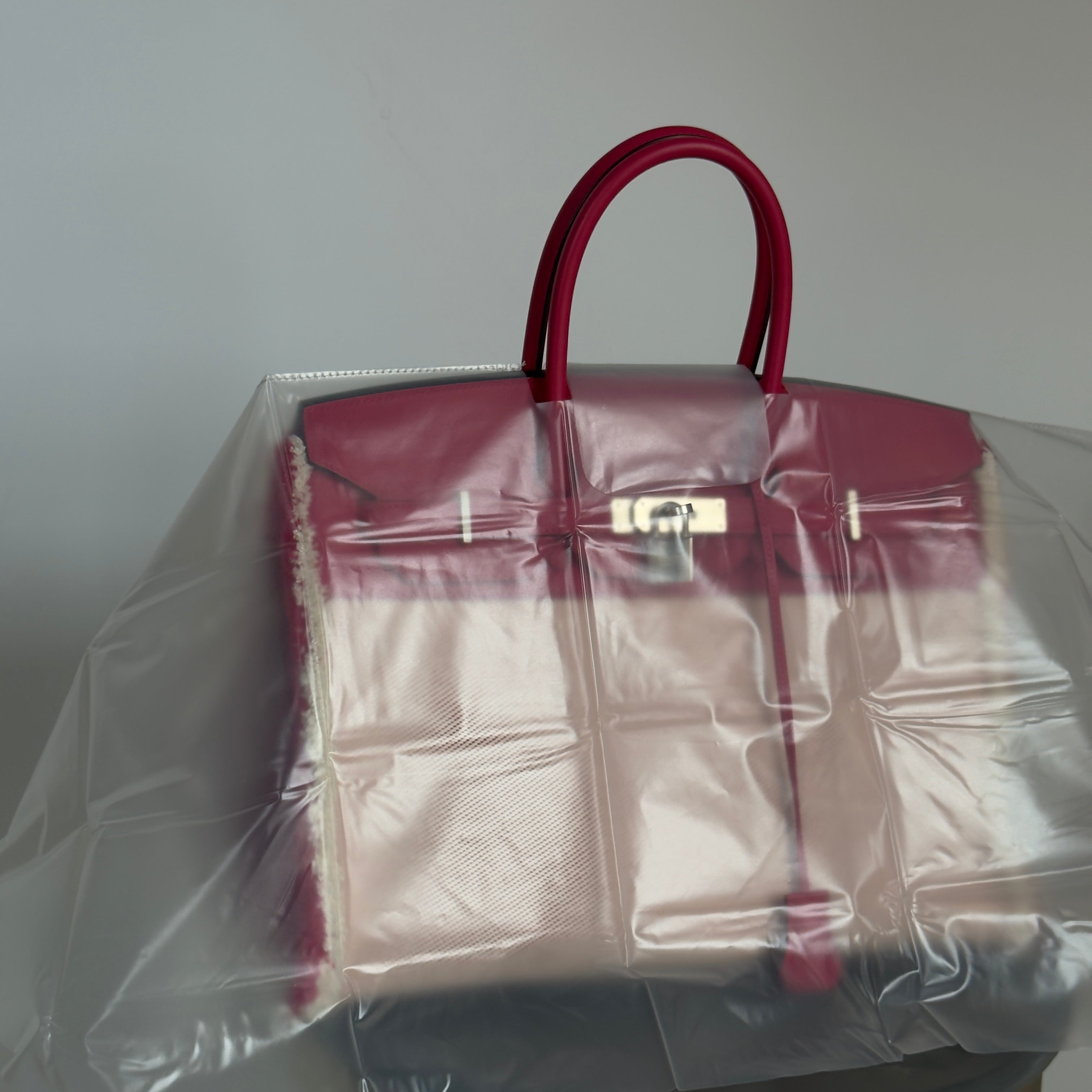 Limited Edition Hermes Framboise Swift and Ecru Toile Fray Fray Birkin 35 PHW Palladium Hardware - Queen May