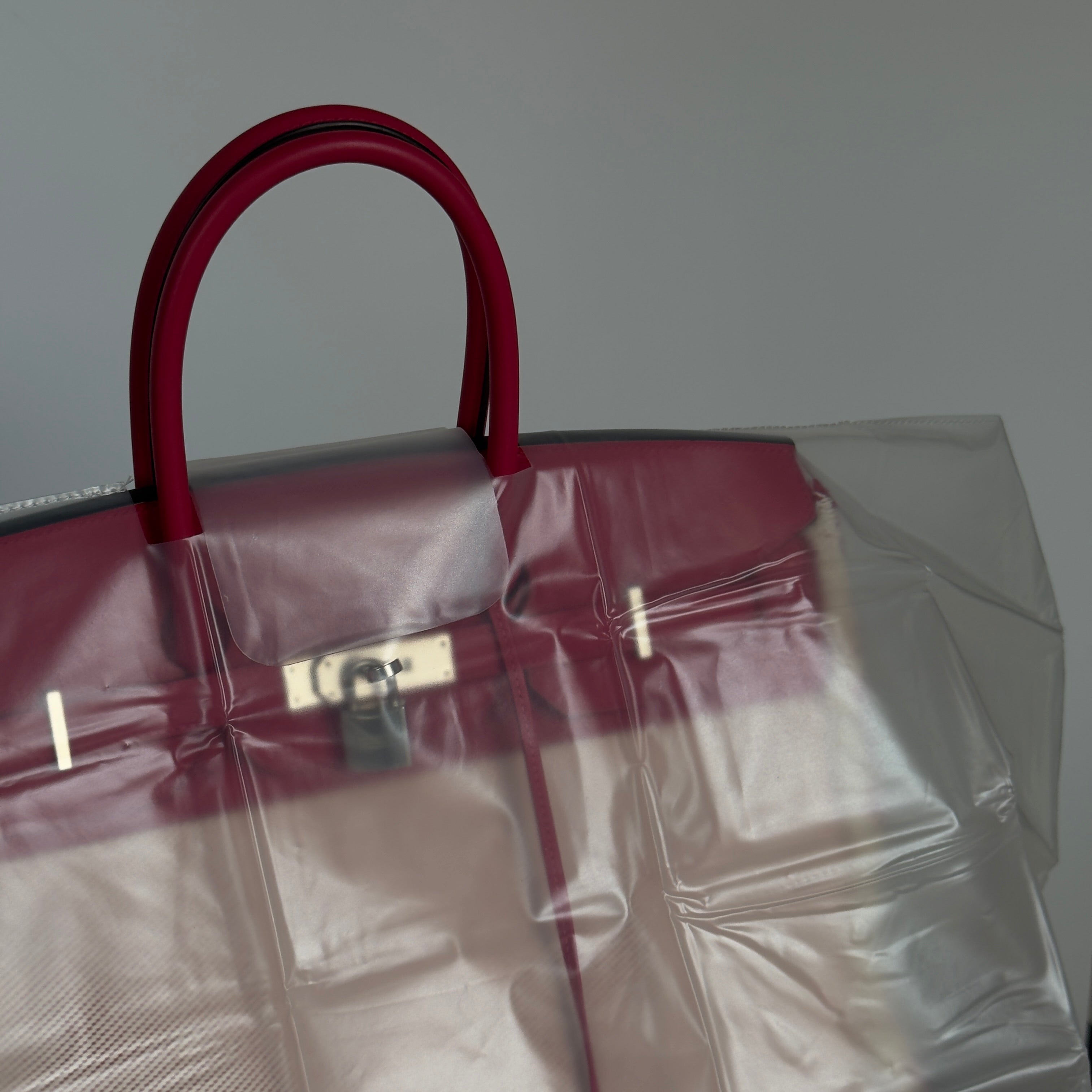 Limited Edition Hermes Framboise Swift and Ecru Toile Fray Fray Birkin 35 PHW Palladium Hardware - Queen May