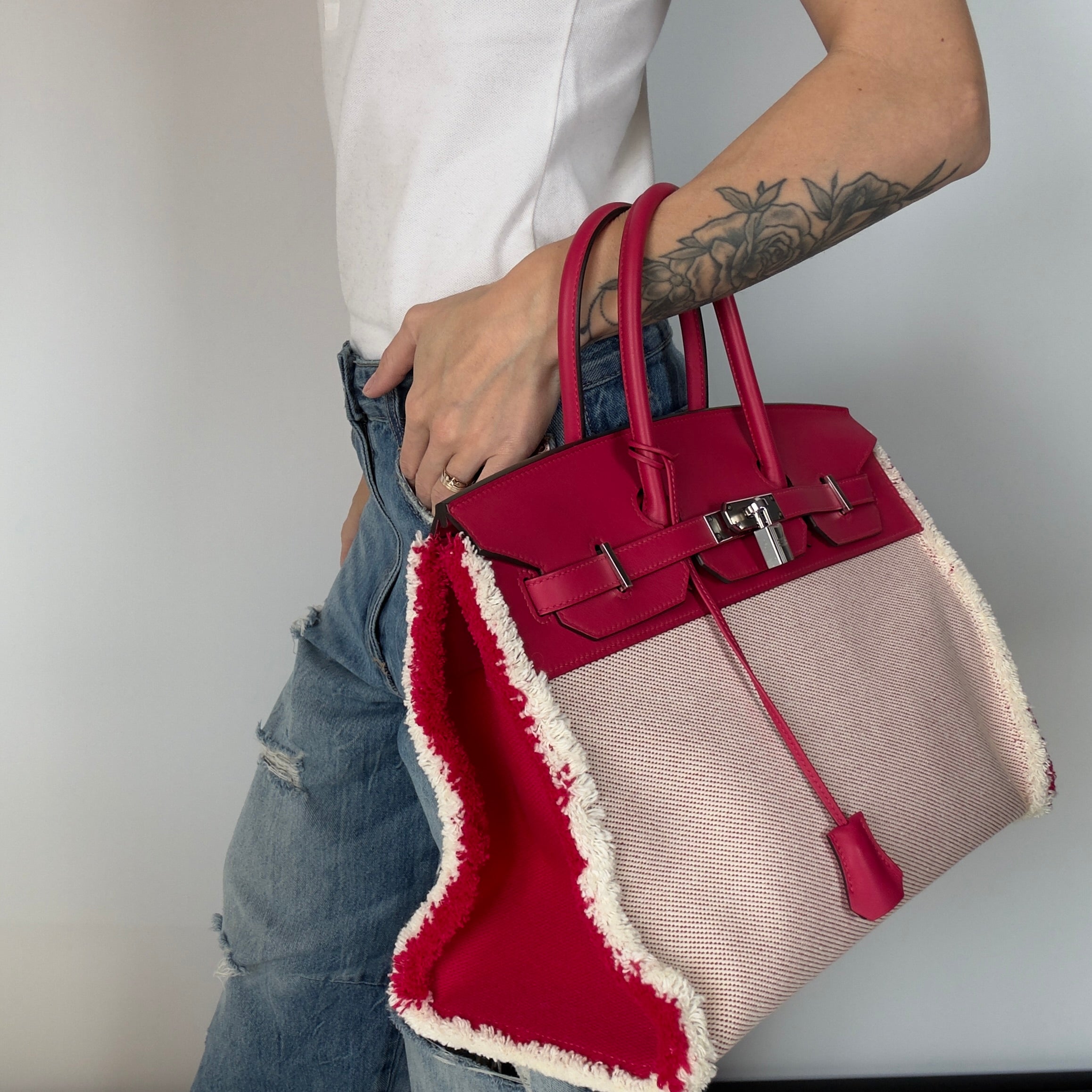 Limited Edition Hermes Framboise Swift and Ecru Toile Fray Fray Birkin 35 PHW Palladium Hardware - Queen May