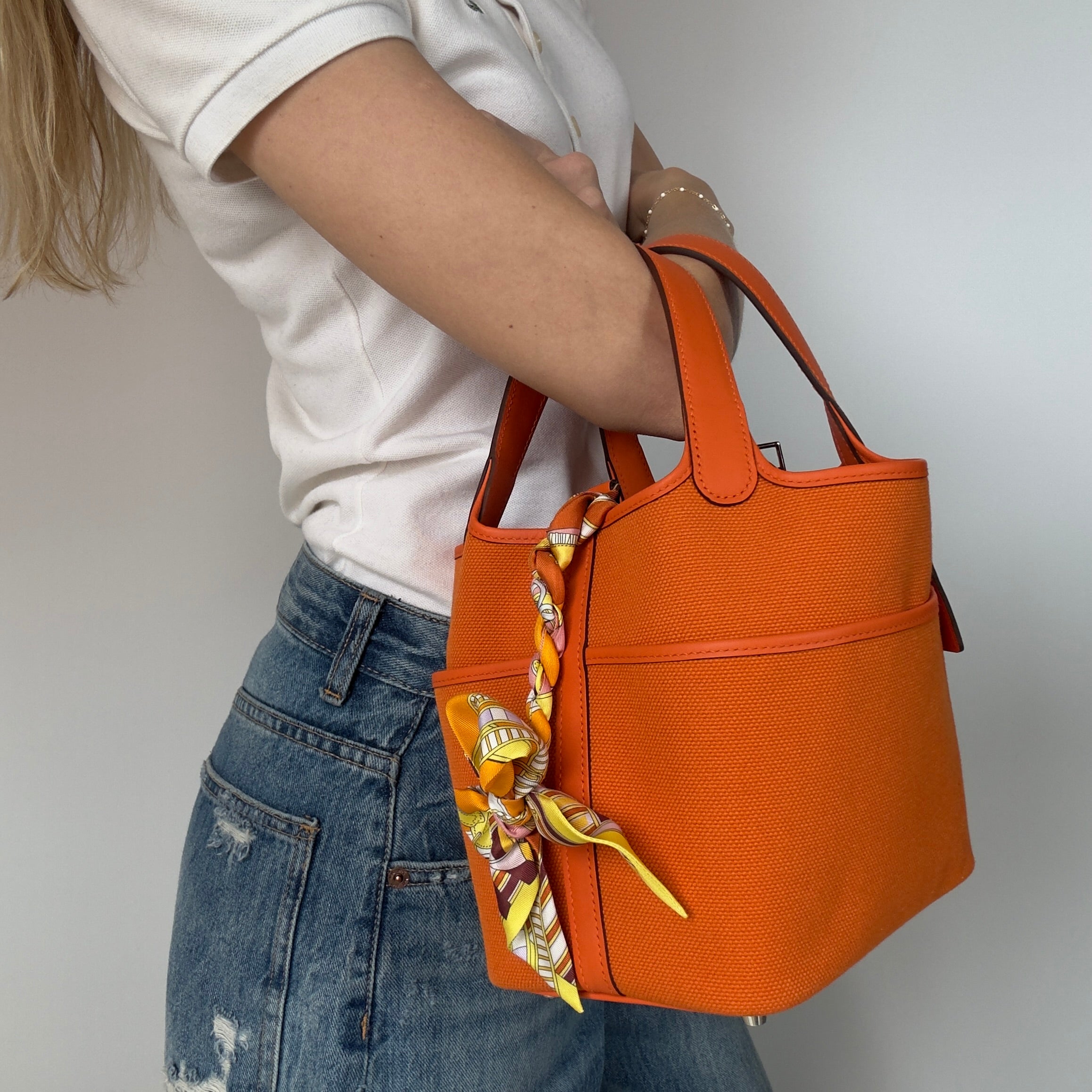 Hermes Orange Swift + Toile Goeland Cargo Picotin Lock 18 Palladium Hardware With Twilly - Queen May