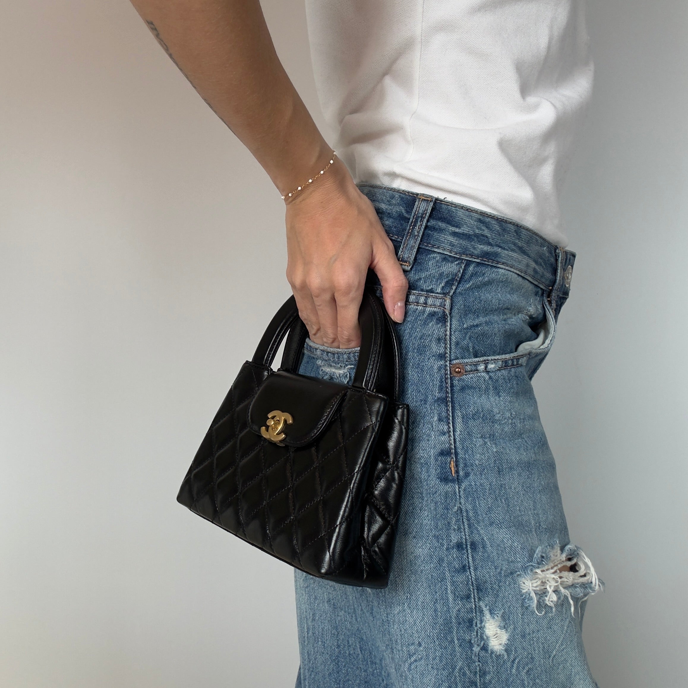 New Chanel Kelly Nano Black Calfskin Top Handle Shopping Bag - Queen May