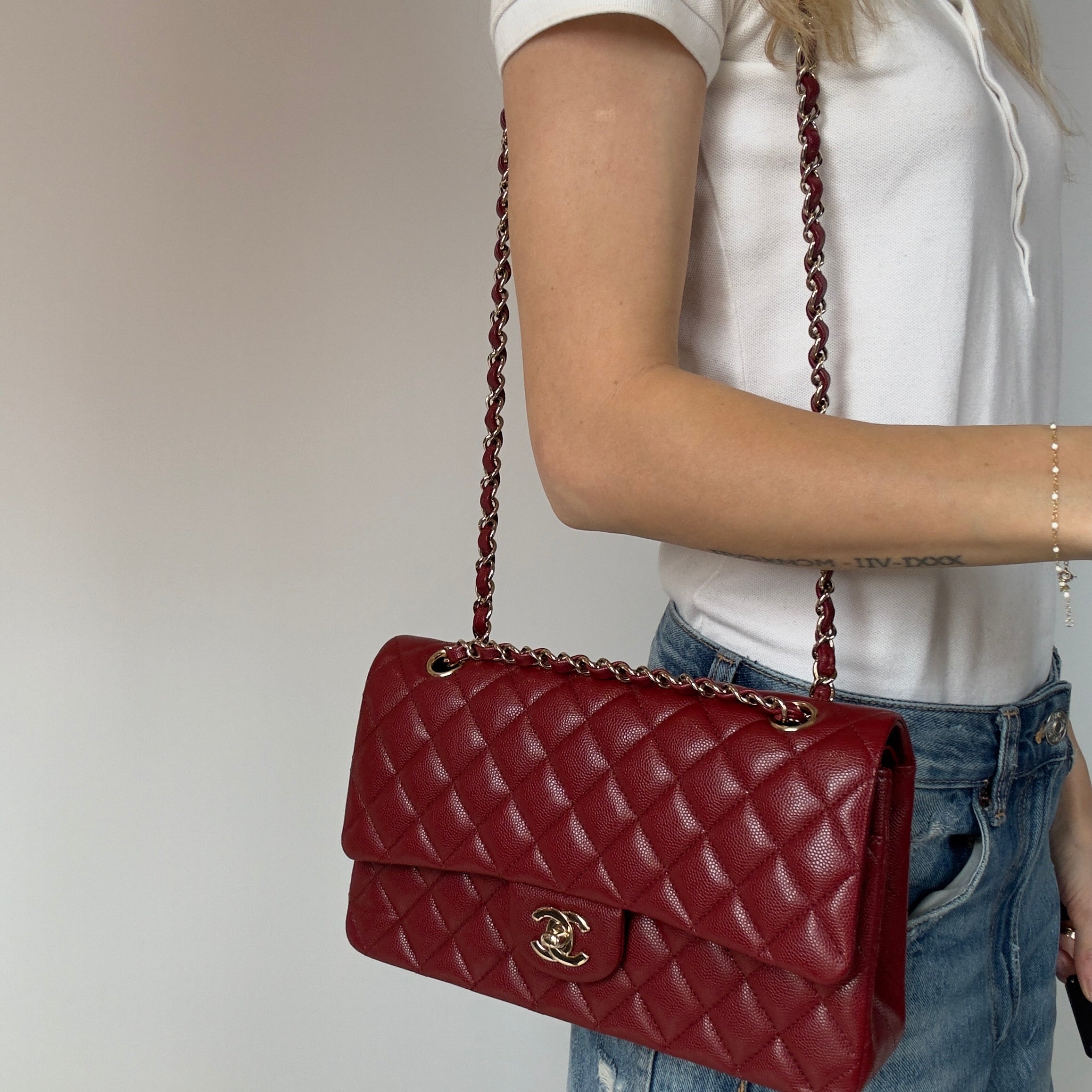 Chanel Medium Classic Double Flap Bag Burgundy Caviar With Gold Hardware - Queen May