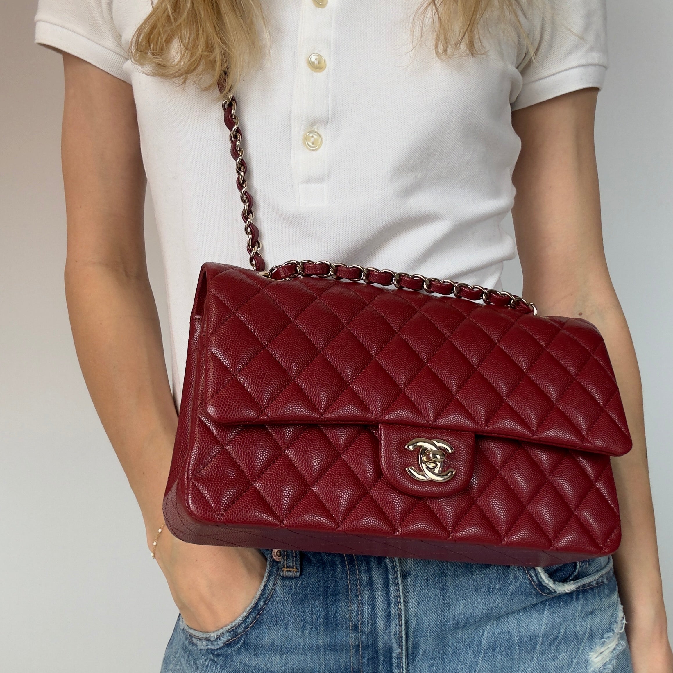 Chanel Medium Classic Double Flap Bag Burgundy Caviar With Gold Hardware - Queen May