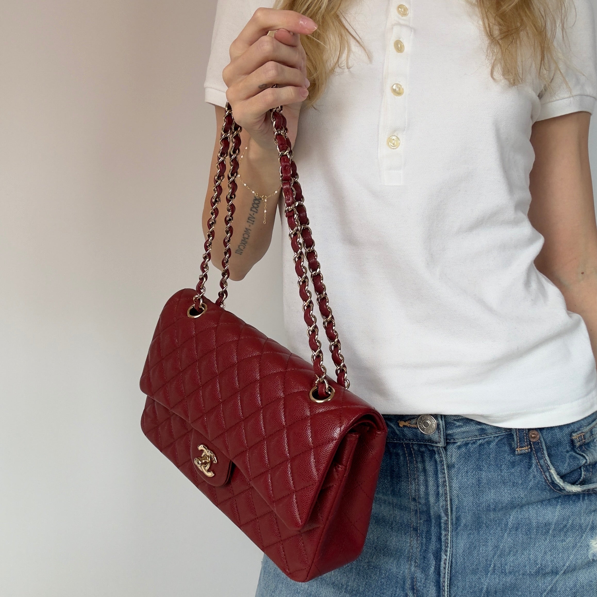 Chanel Medium Classic Double Flap Bag Burgundy Caviar With Gold Hardware - Queen May