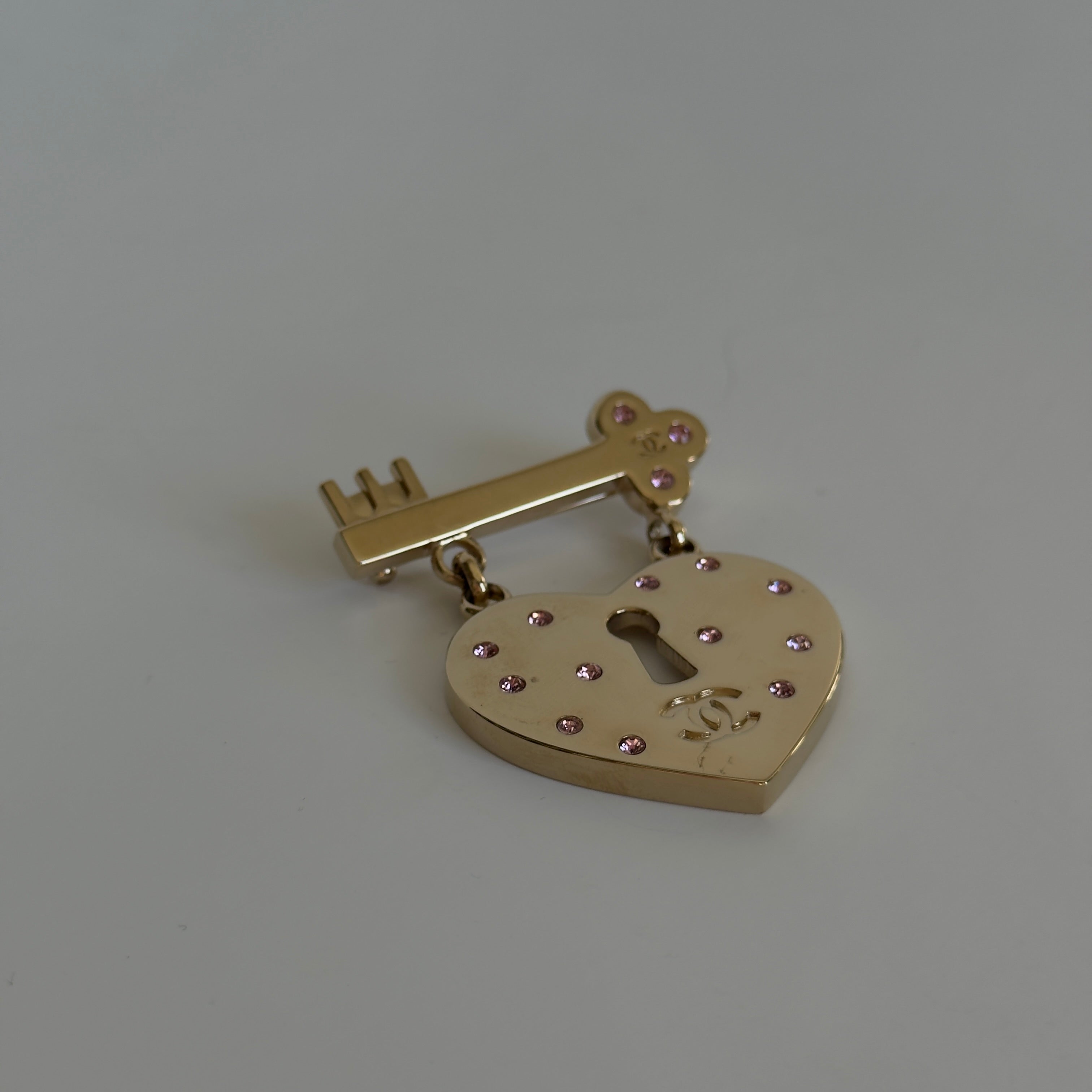 Chanel 2002 Rhinestone Embellished Heart Key Brooch - Queen May