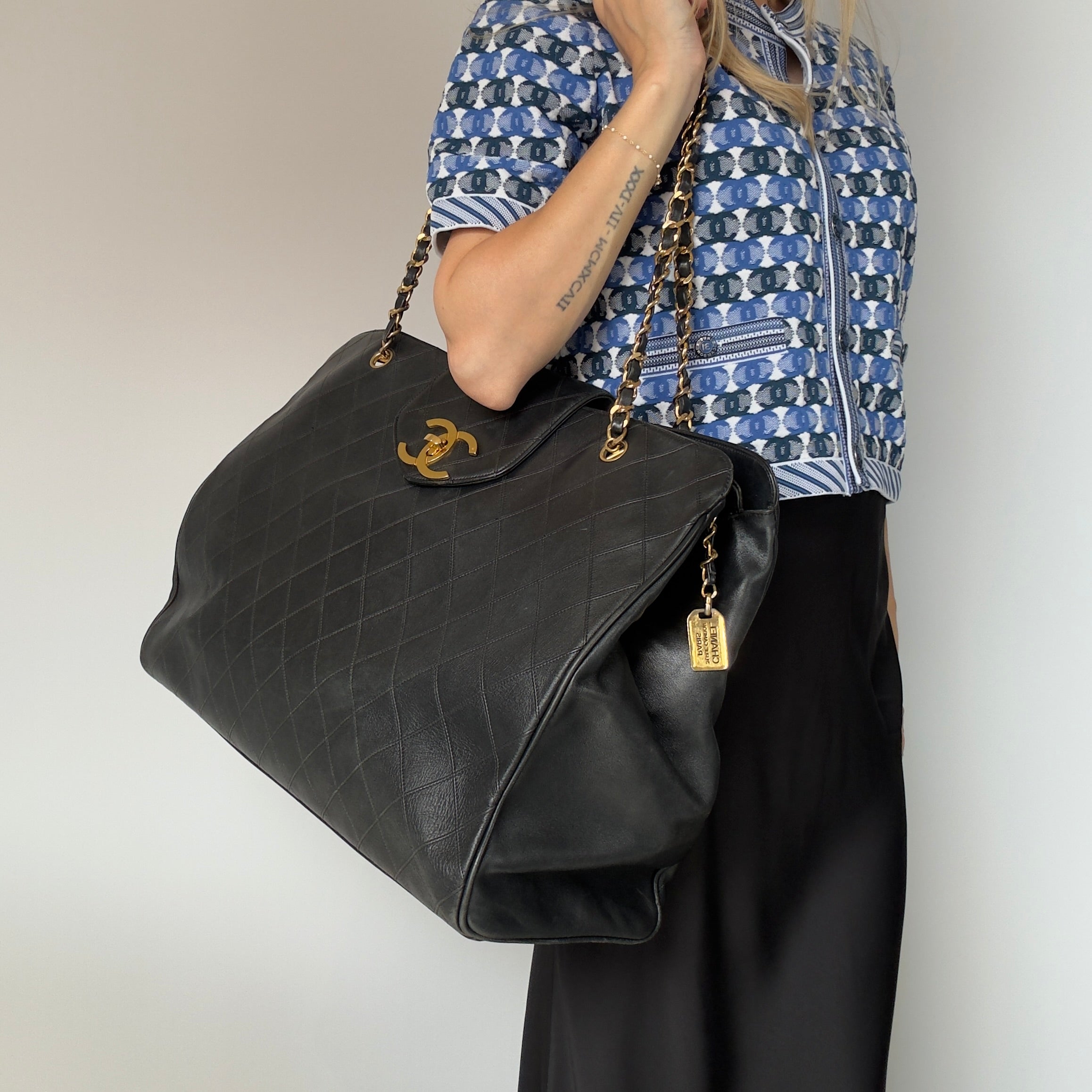Vintage Chanel Supermodel Tote Bag Black Quilted XL Weekender 24K Gold Hardware - Queen May