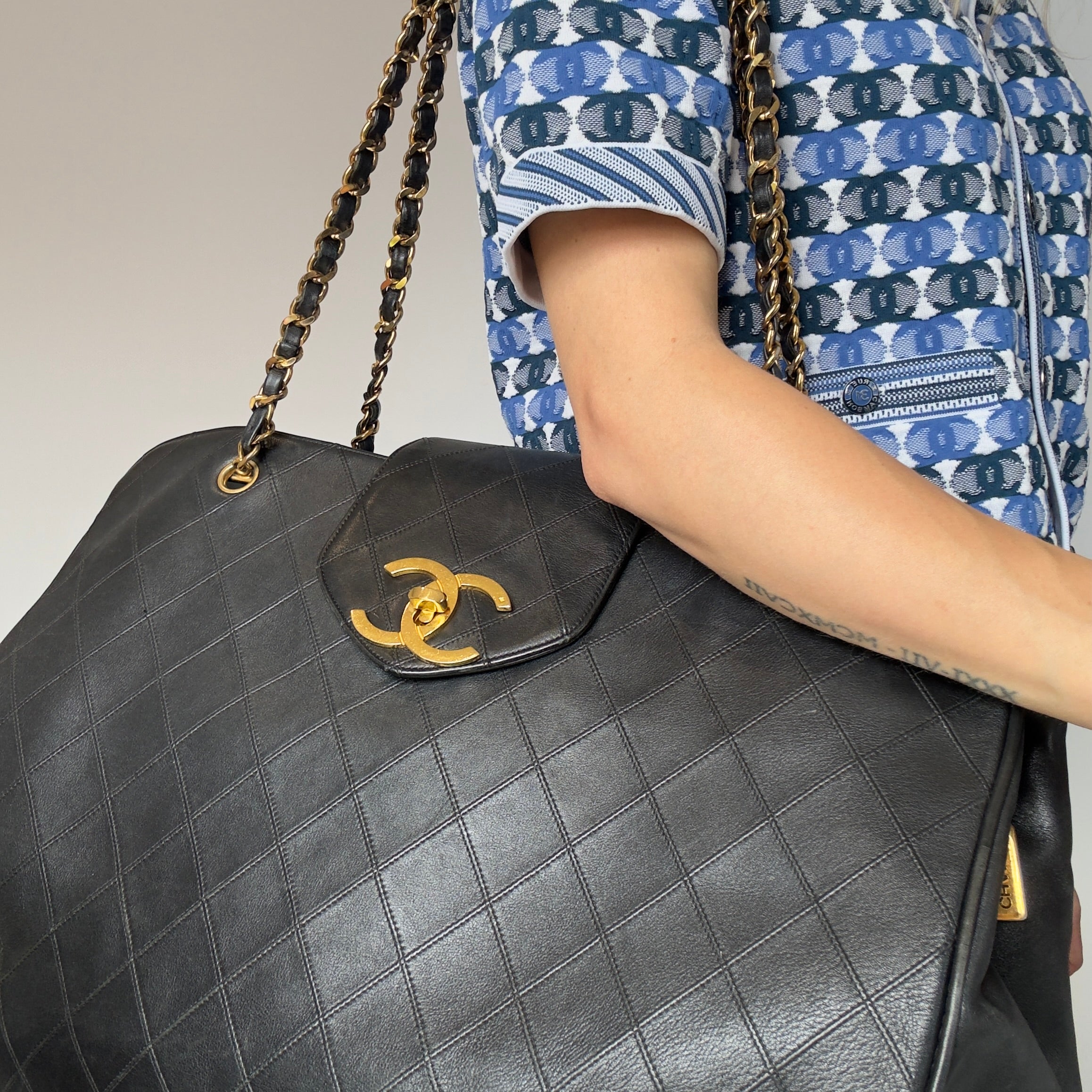 Vintage Chanel Supermodel Tote Bag Black Quilted XL Weekender 24K Gold Hardware - Queen May