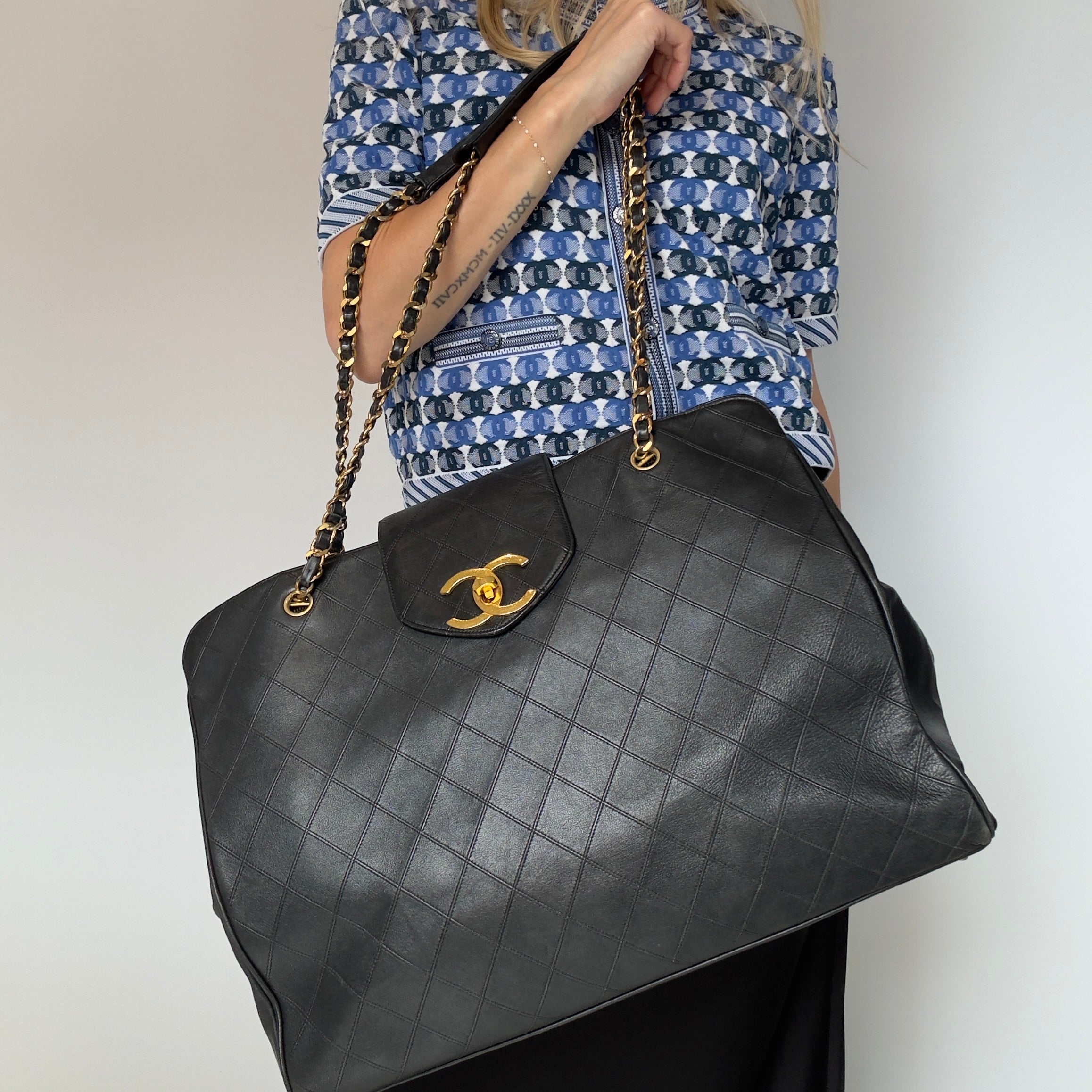Vintage Chanel Supermodel Tote Bag Black Quilted XL Weekender 24K Gold Hardware - Queen May