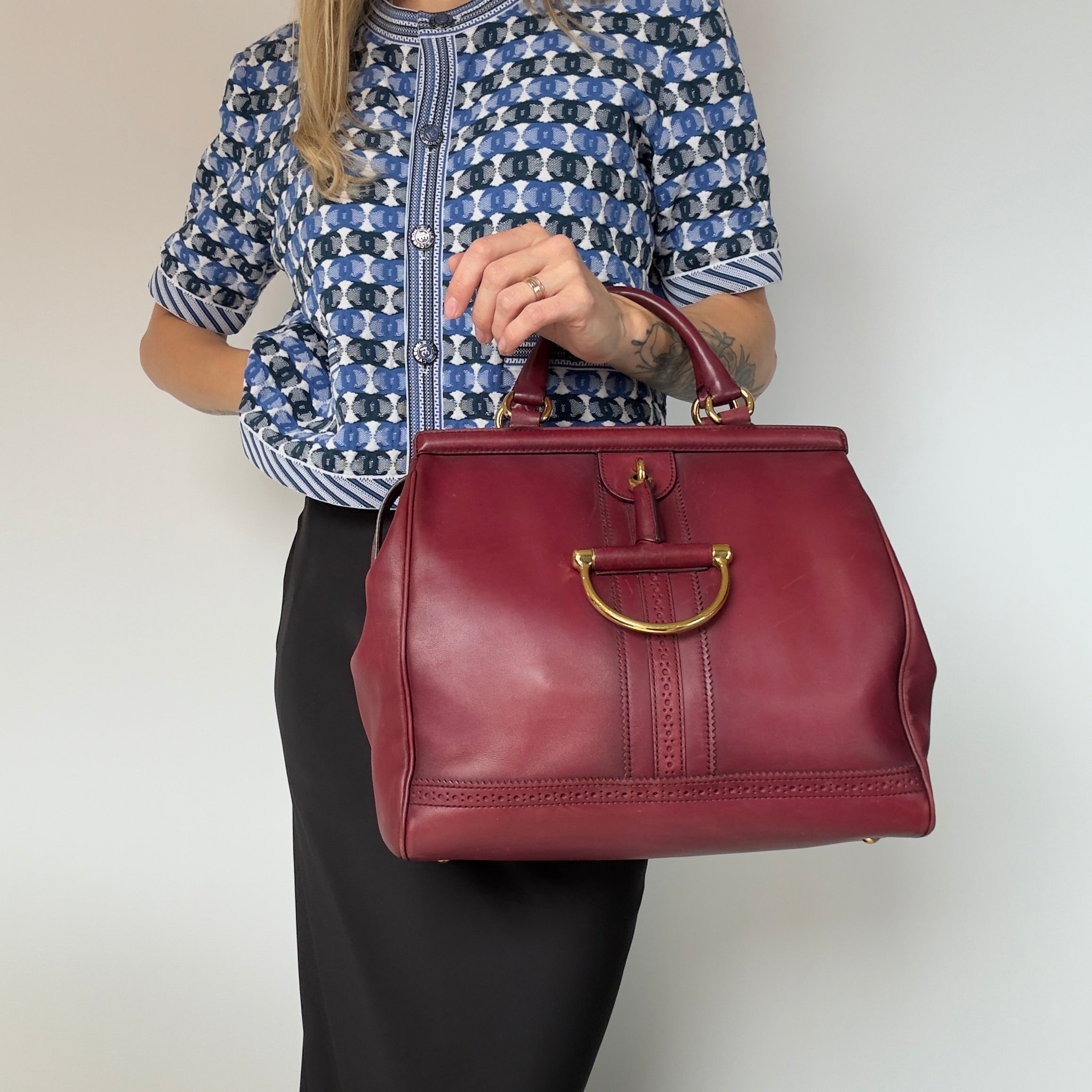 Gucci Calfskin Duilio Brogue Top Handle Bag Bordeaux - Queen May