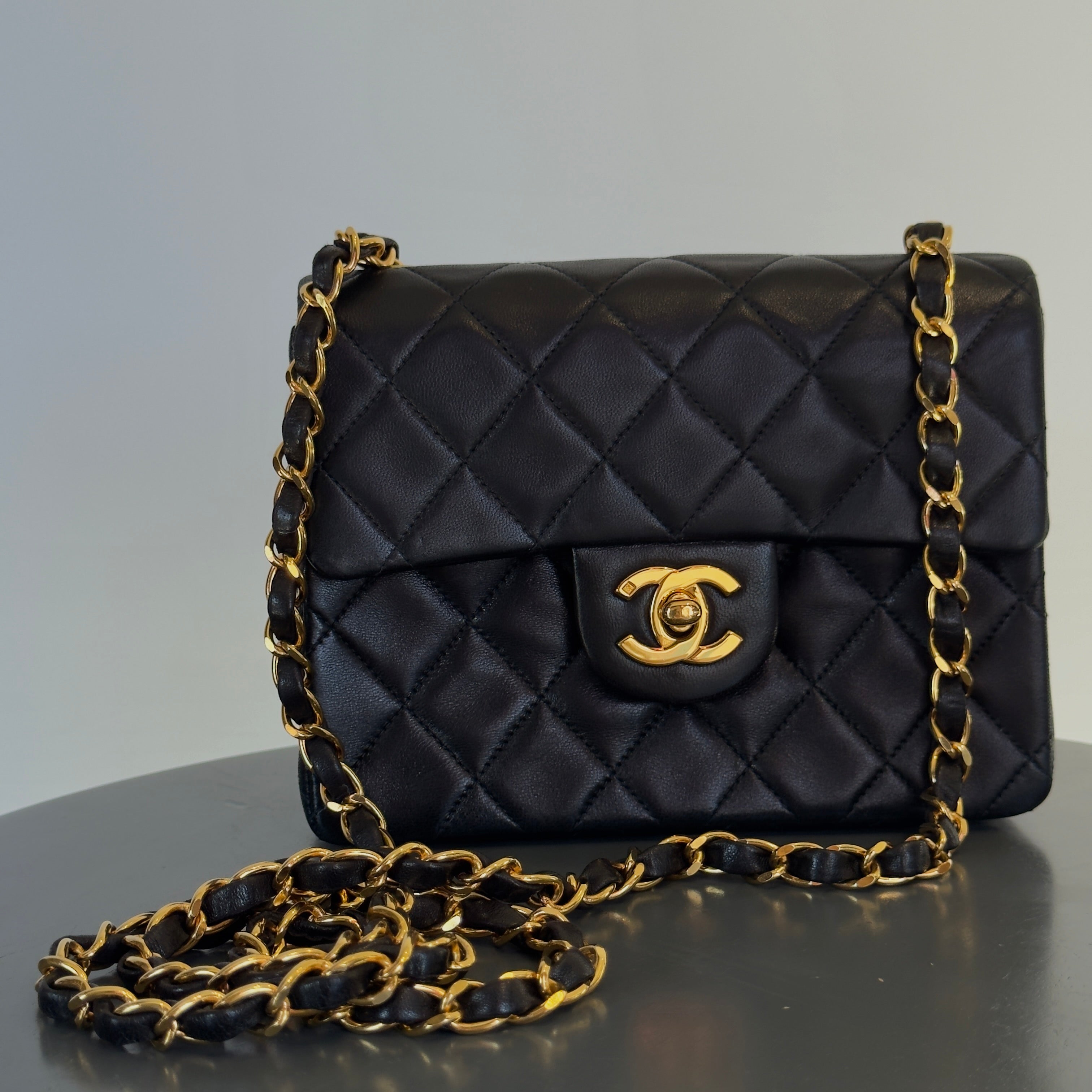 Vintage Chanel Mini Square Lambskin Flap Bag Black - Queen May