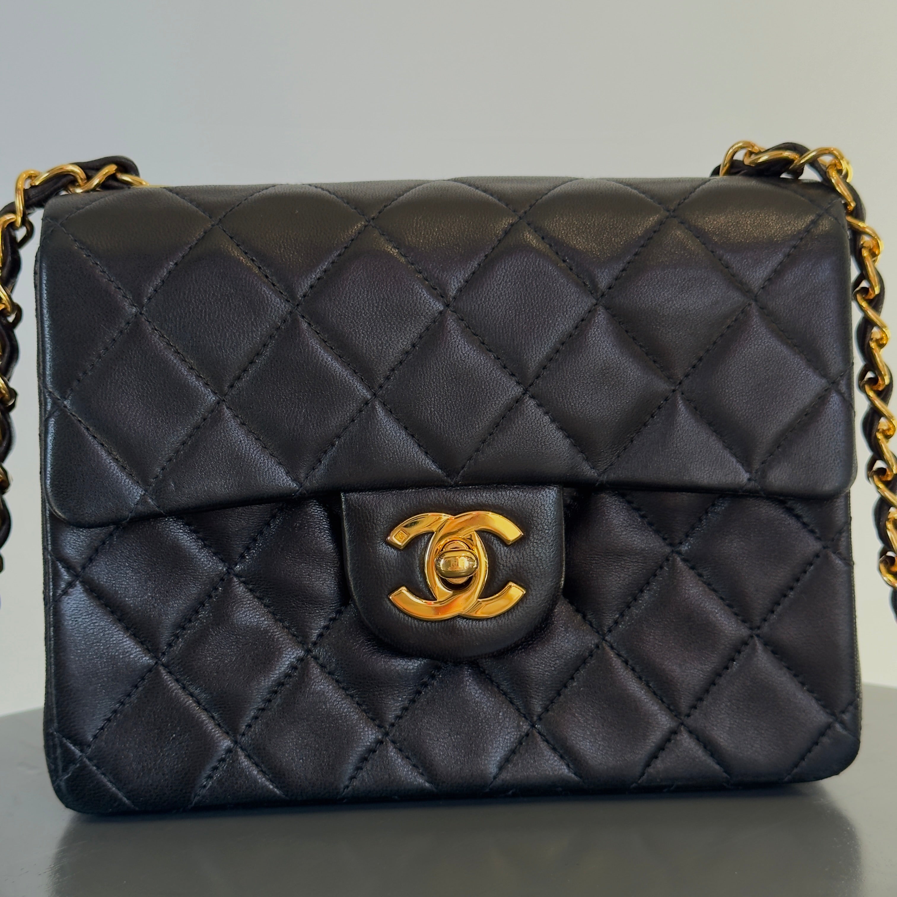 Vintage Chanel Mini Square Lambskin Flap Bag Black - Queen May
