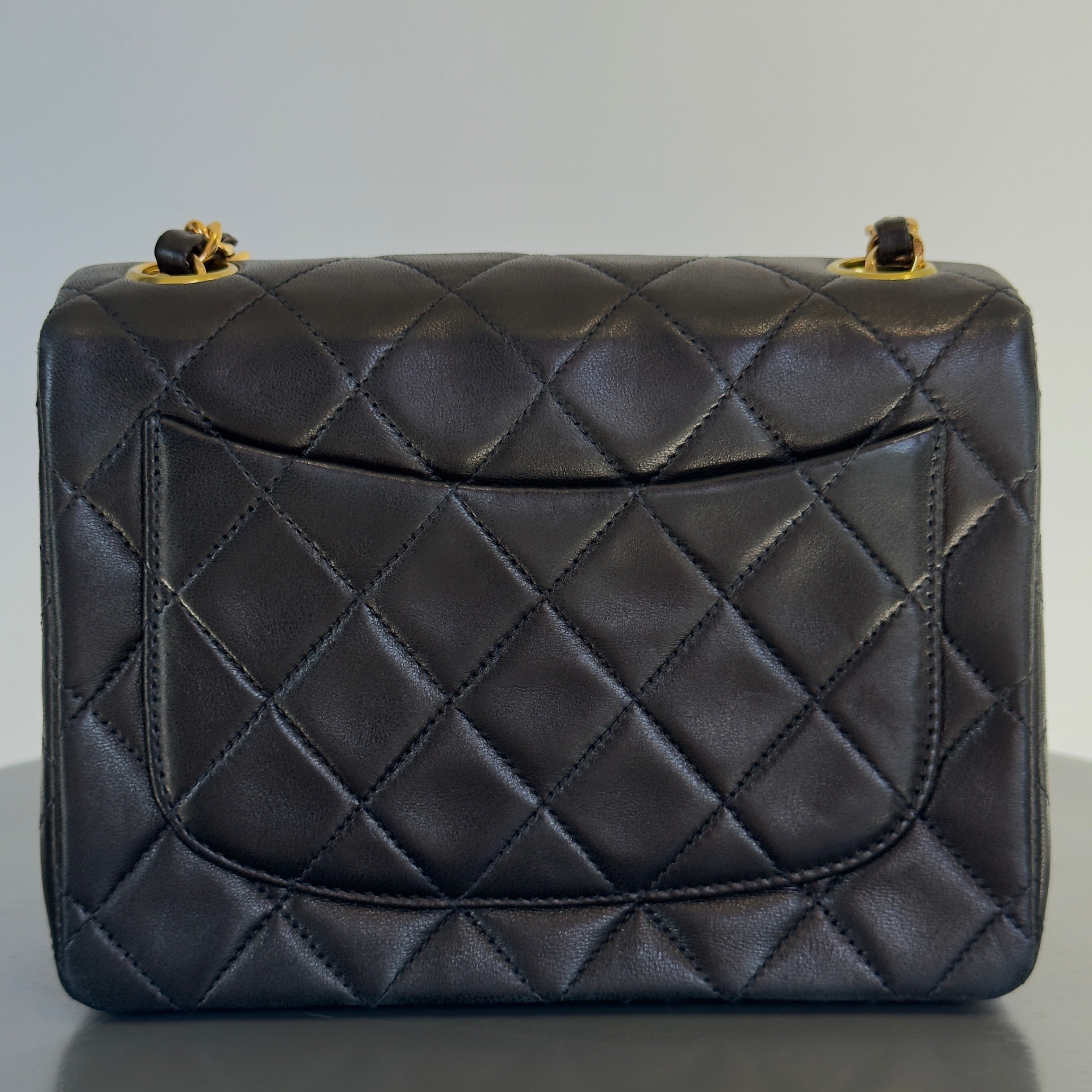Vintage Chanel Mini Square Lambskin Flap Bag Black - Queen May
