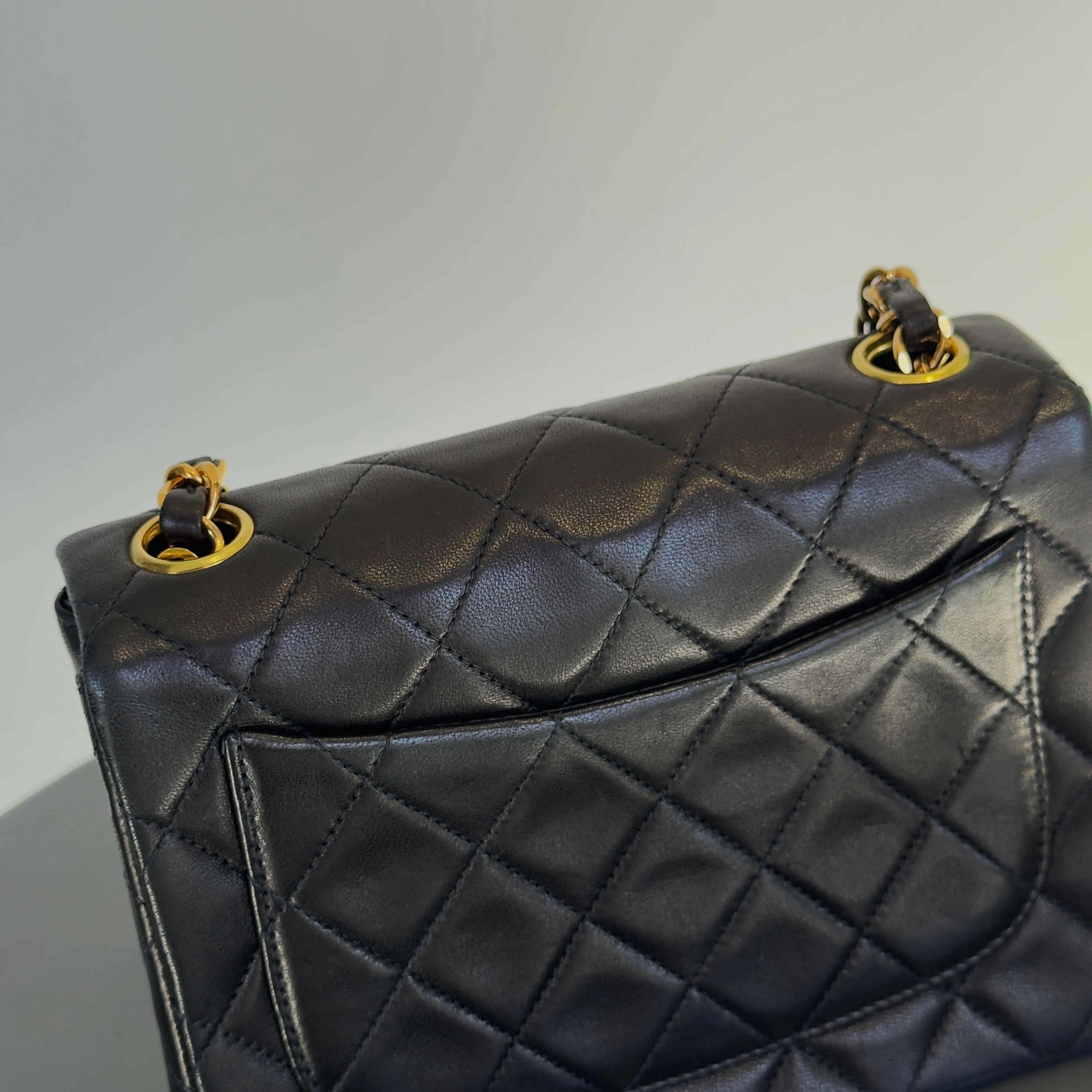 Vintage Chanel Mini Square Lambskin Flap Bag Black - Queen May