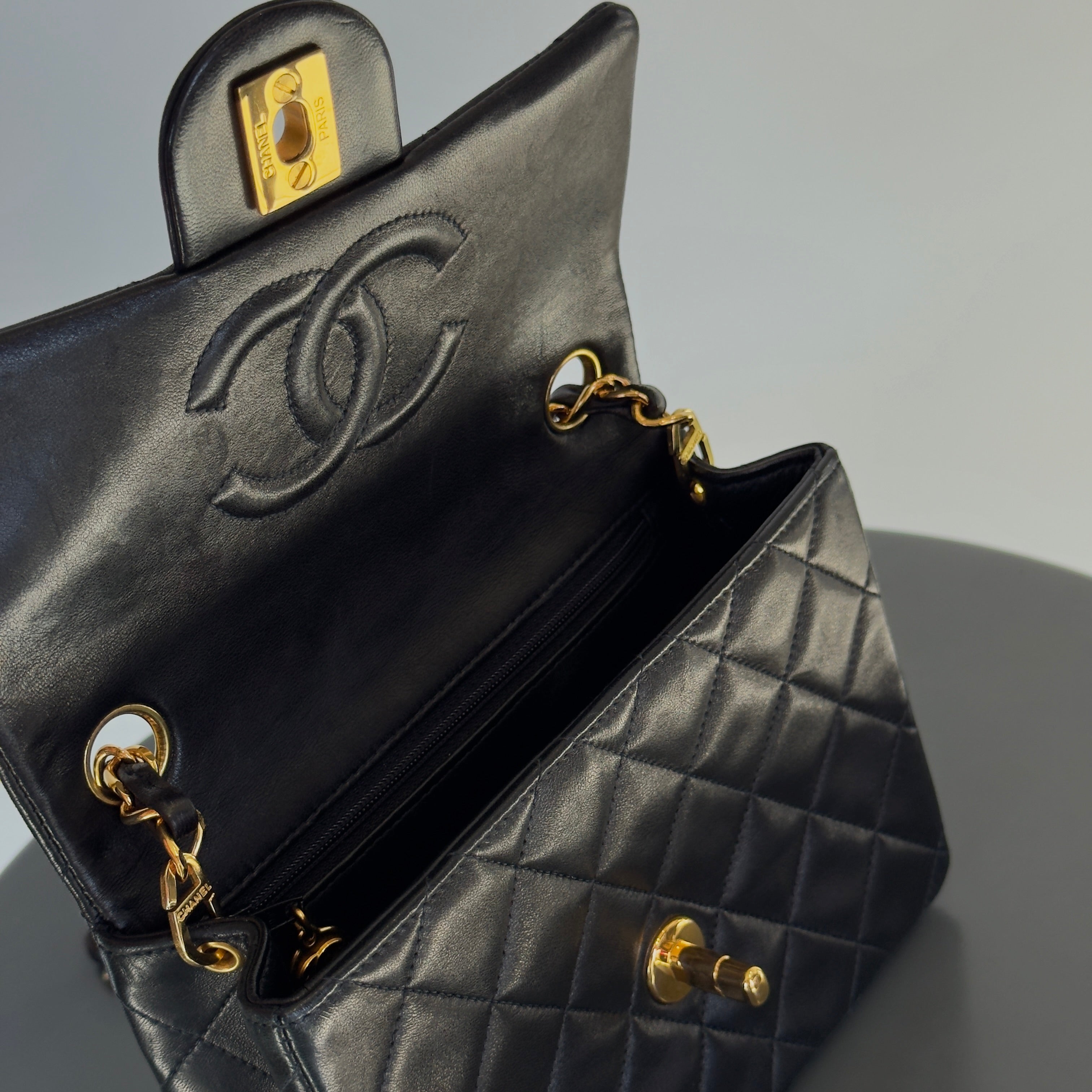 Vintage Chanel Mini Square Lambskin Flap Bag Black - Queen May