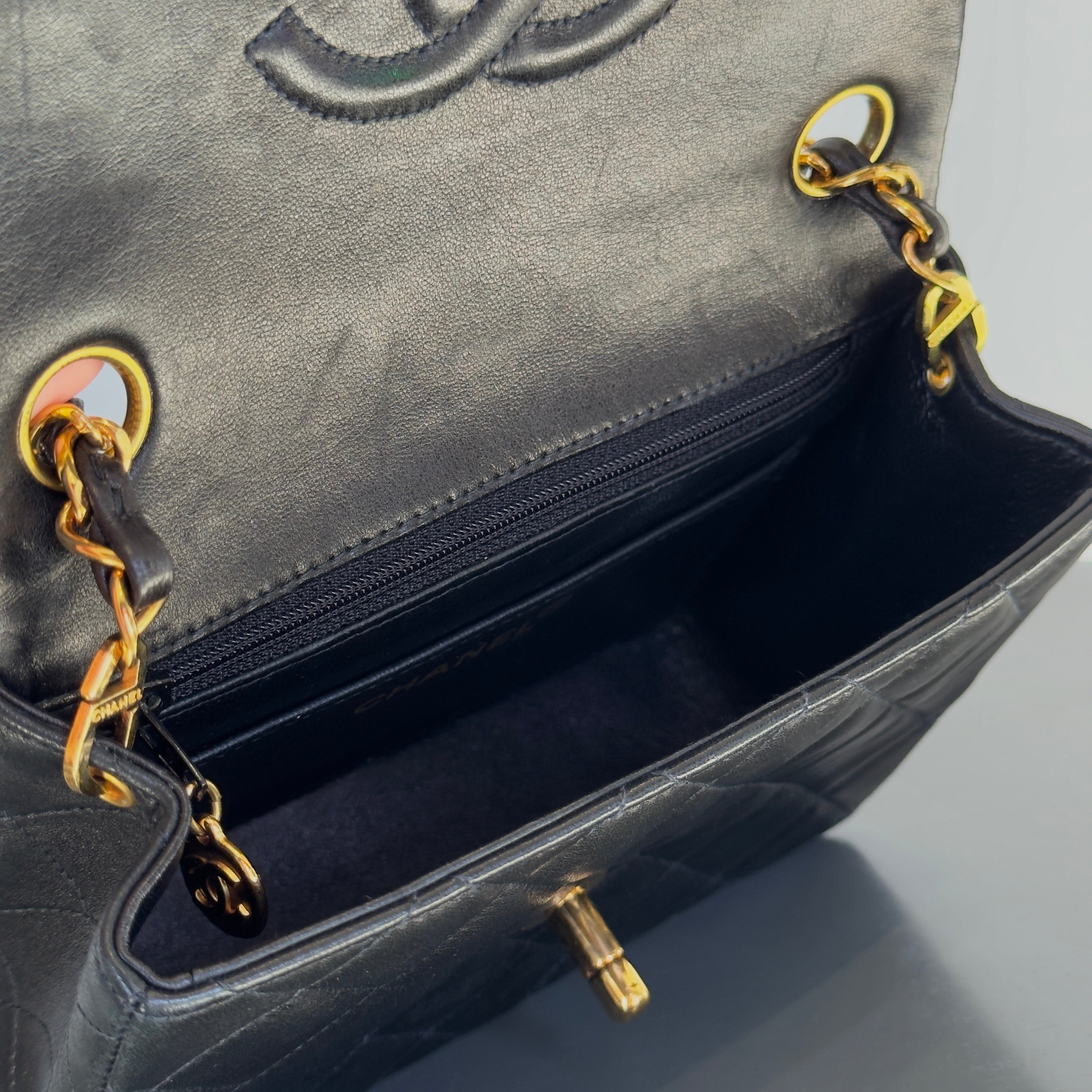 Vintage Chanel Mini Square Lambskin Flap Bag Black - Queen May