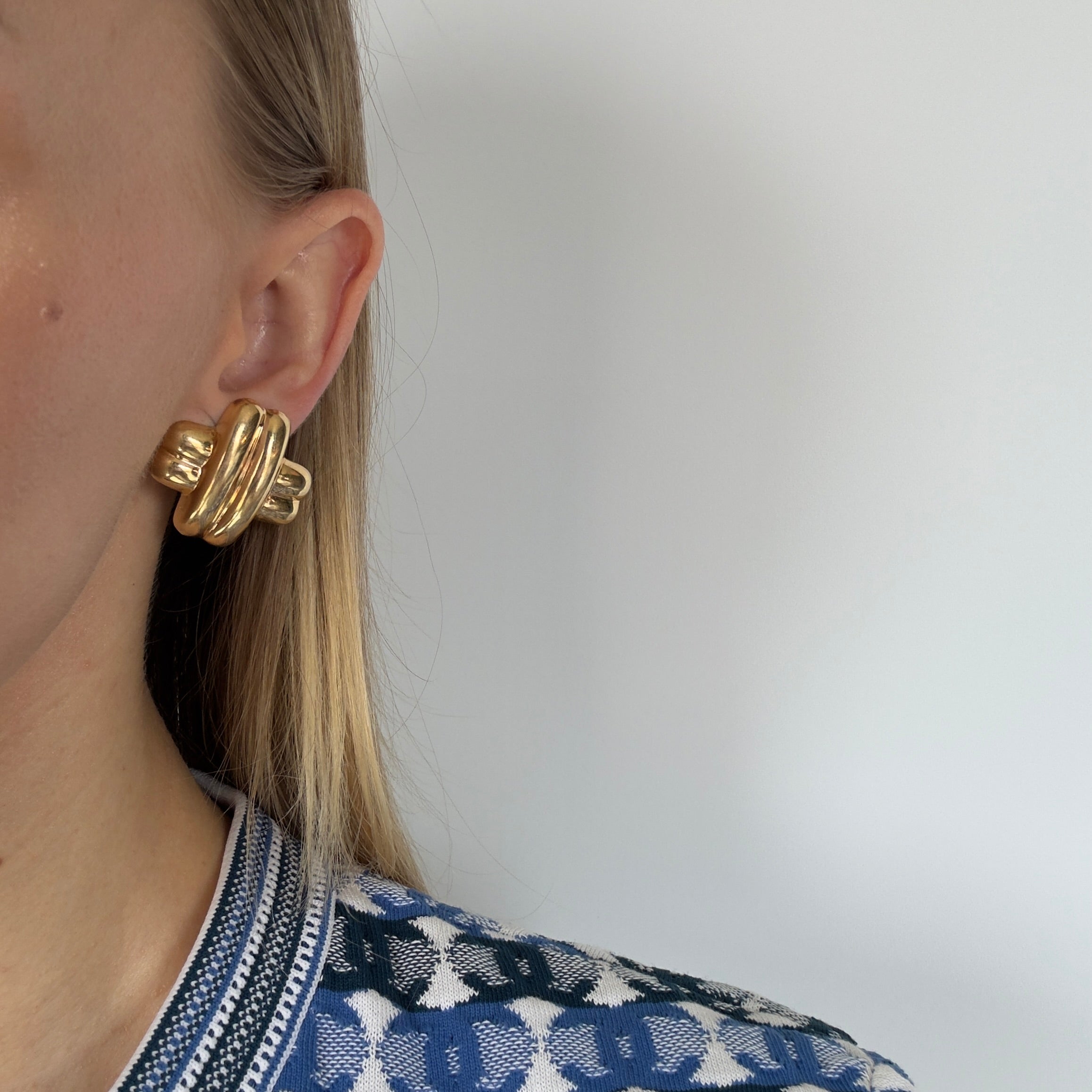 Vintage 14K Yellow Gold Woven X Earrings Omega Backs - Queen May