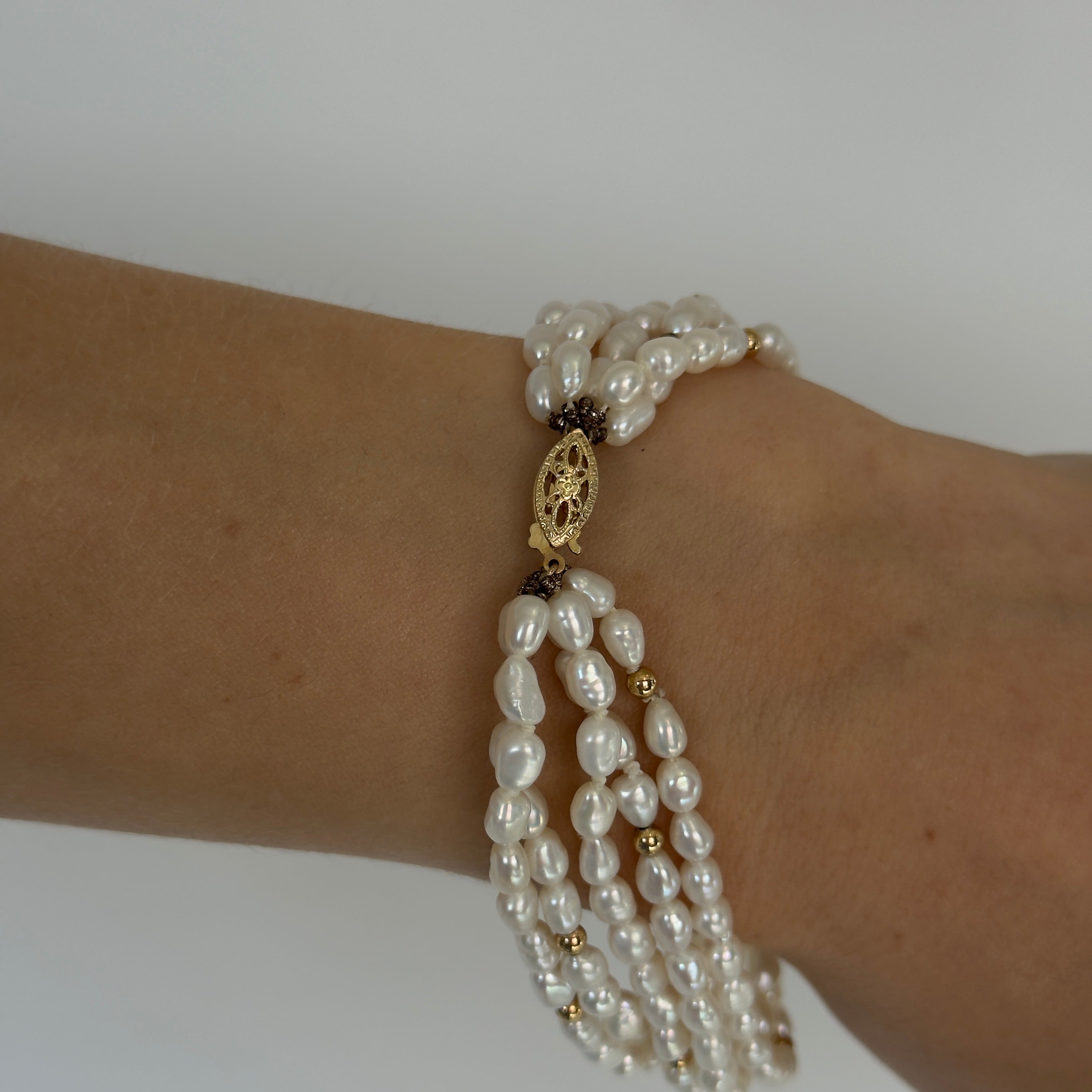 14K Yellow Gold Five Strand Cultured Pearl Bracelet - Queen May