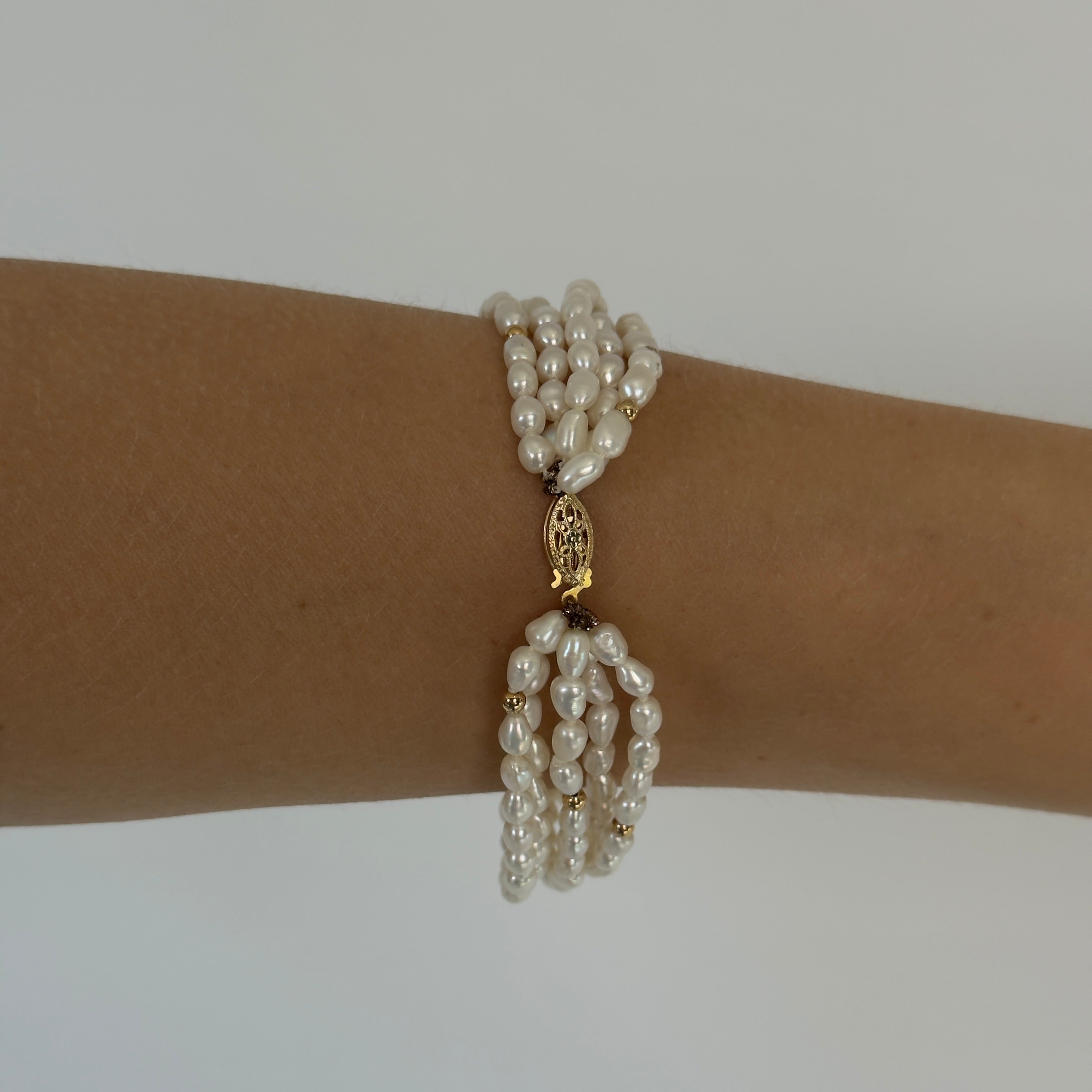 14K Yellow Gold Five Strand Cultured Pearl Bracelet - Queen May