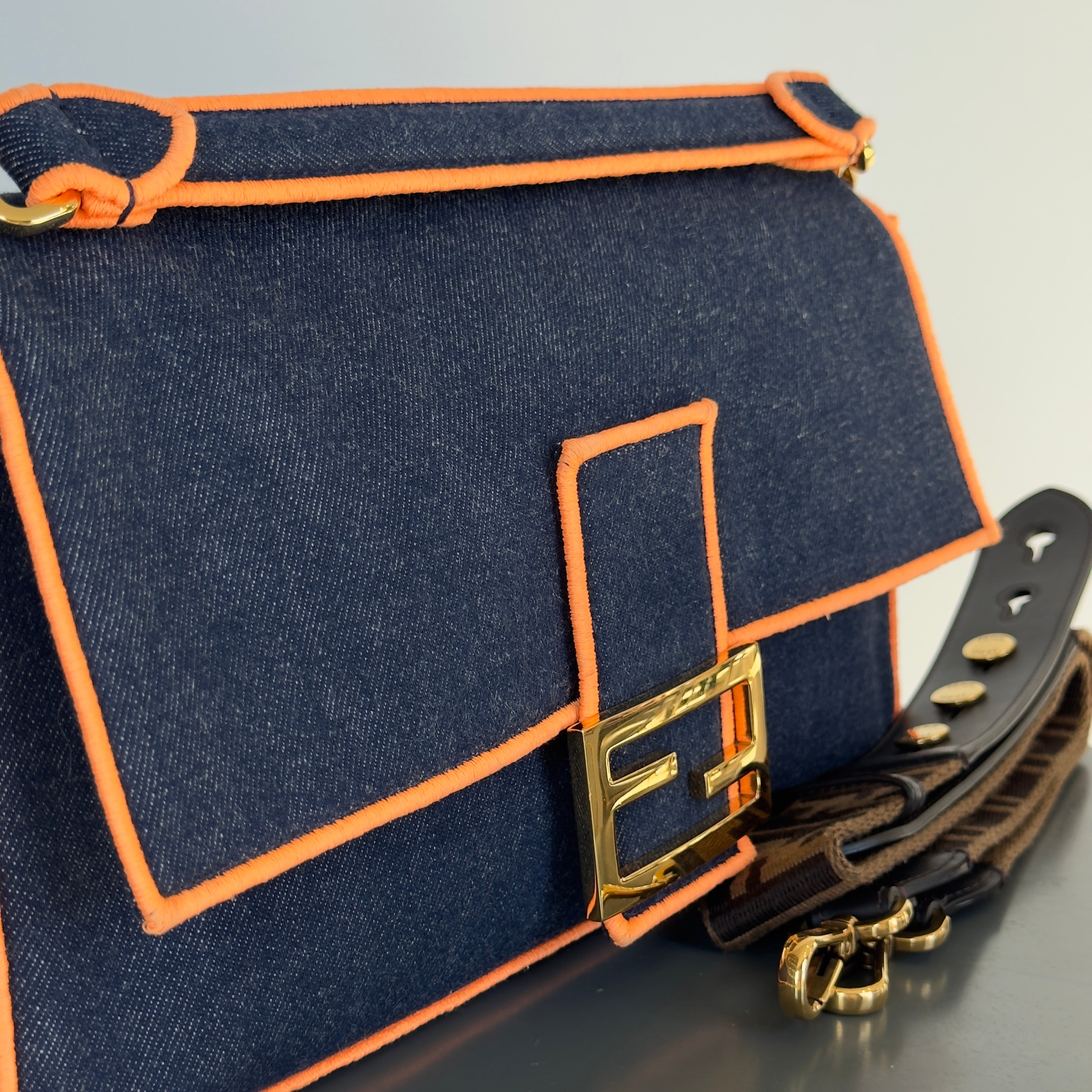 Fendi Denim Large Baguette Orange Trim - Queen May