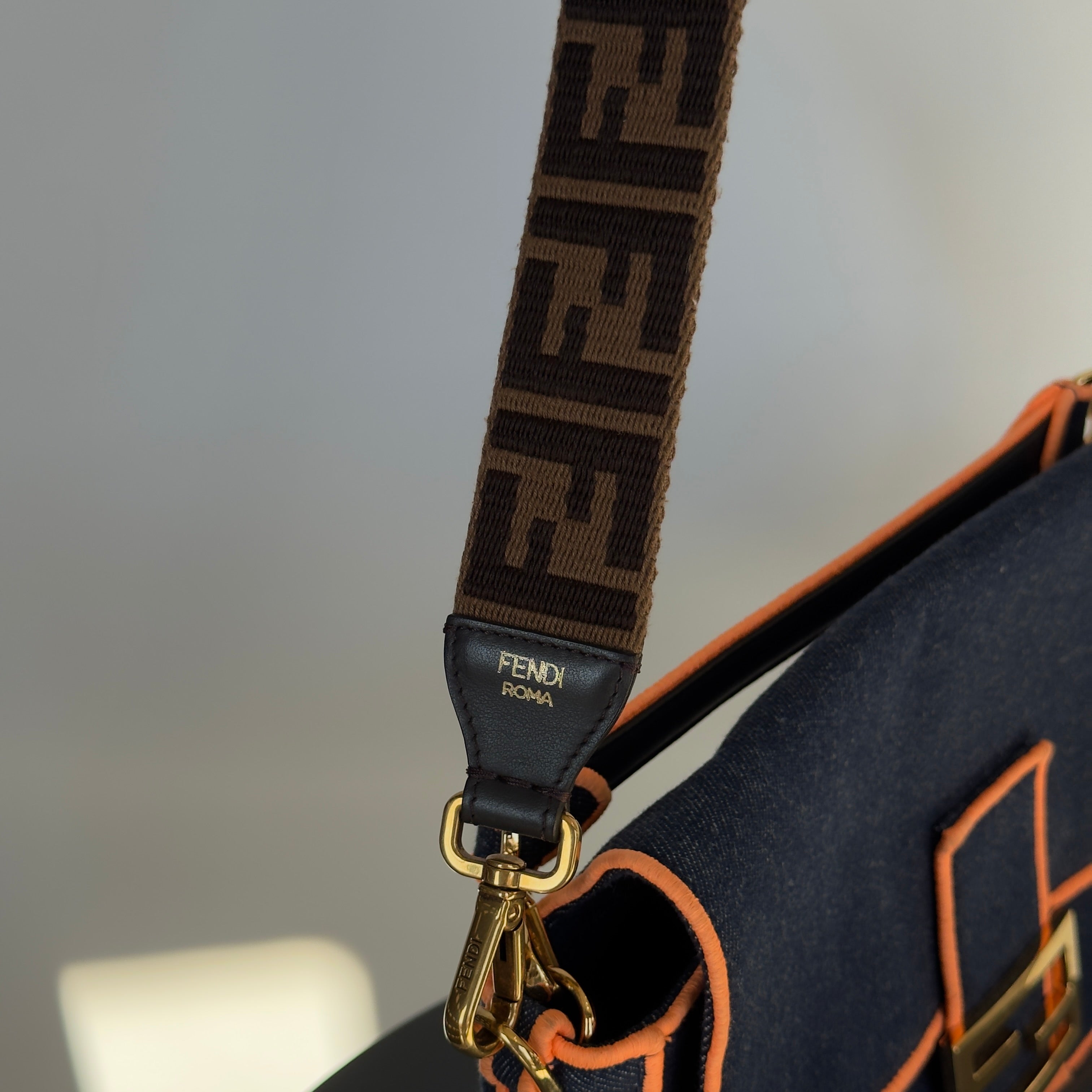 Fendi Denim Large Baguette Orange Trim - Queen May