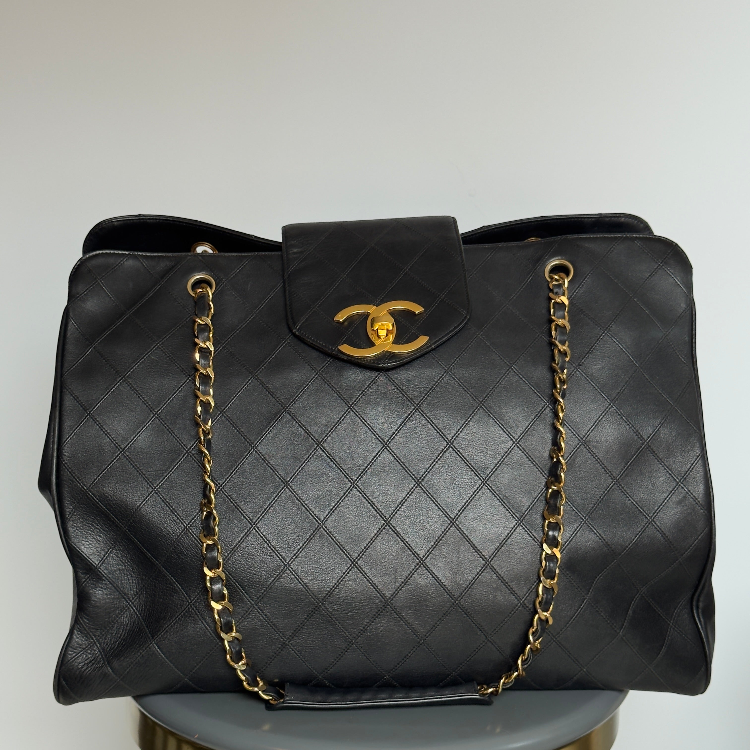 Vintage Chanel Supermodel Tote Bag Black Quilted XL Weekender 24K Gold Hardware - Queen May