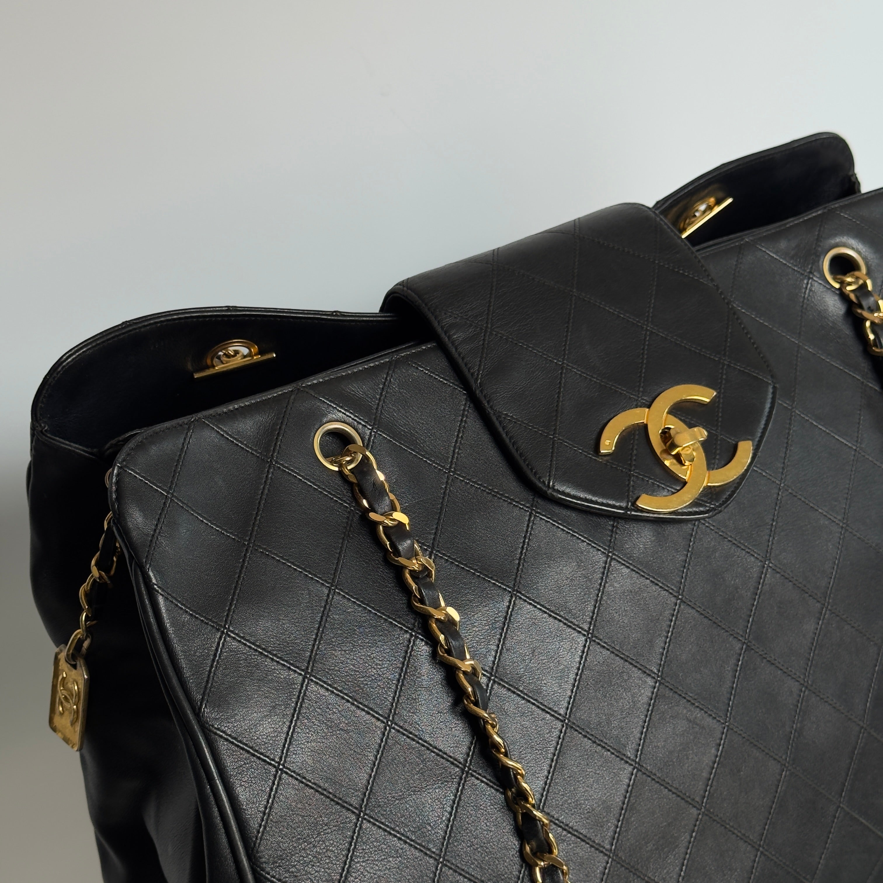 Vintage Chanel Supermodel Tote Bag Black Quilted XL Weekender 24K Gold Hardware - Queen May