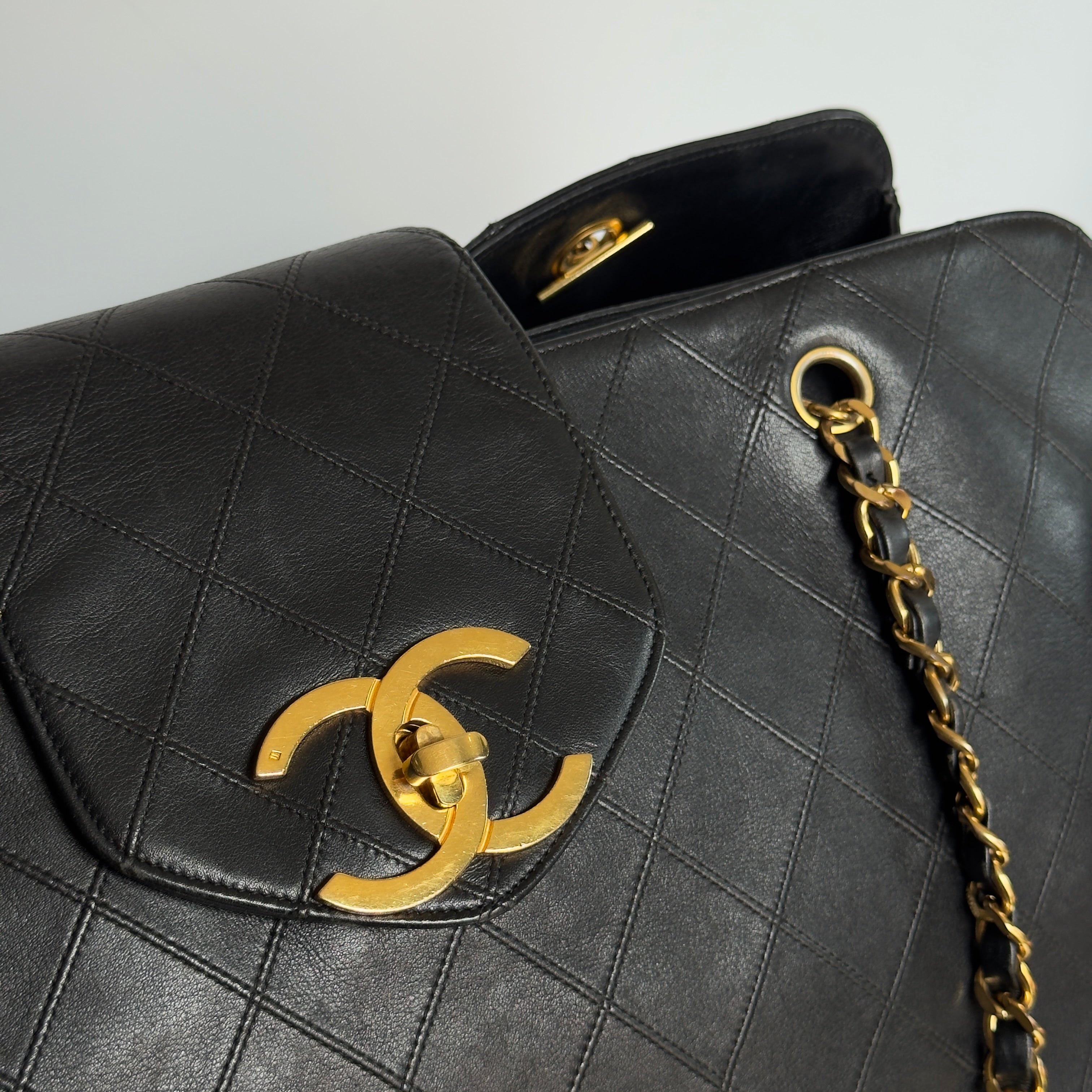 Vintage Chanel Supermodel Tote Bag Black Quilted XL Weekender 24K Gold Hardware - Queen May