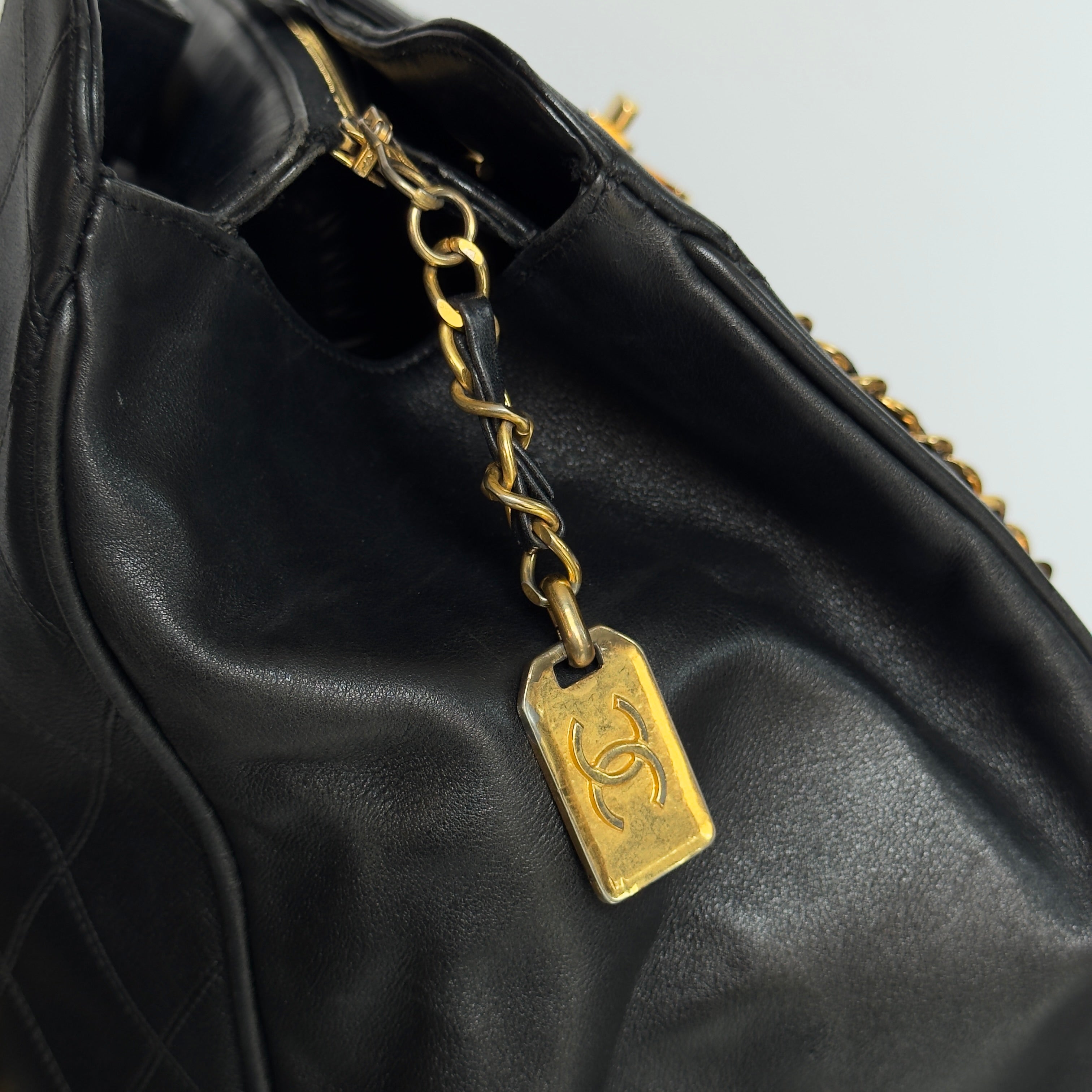 Vintage Chanel Supermodel Tote Bag Black Quilted XL Weekender 24K Gold Hardware - Queen May
