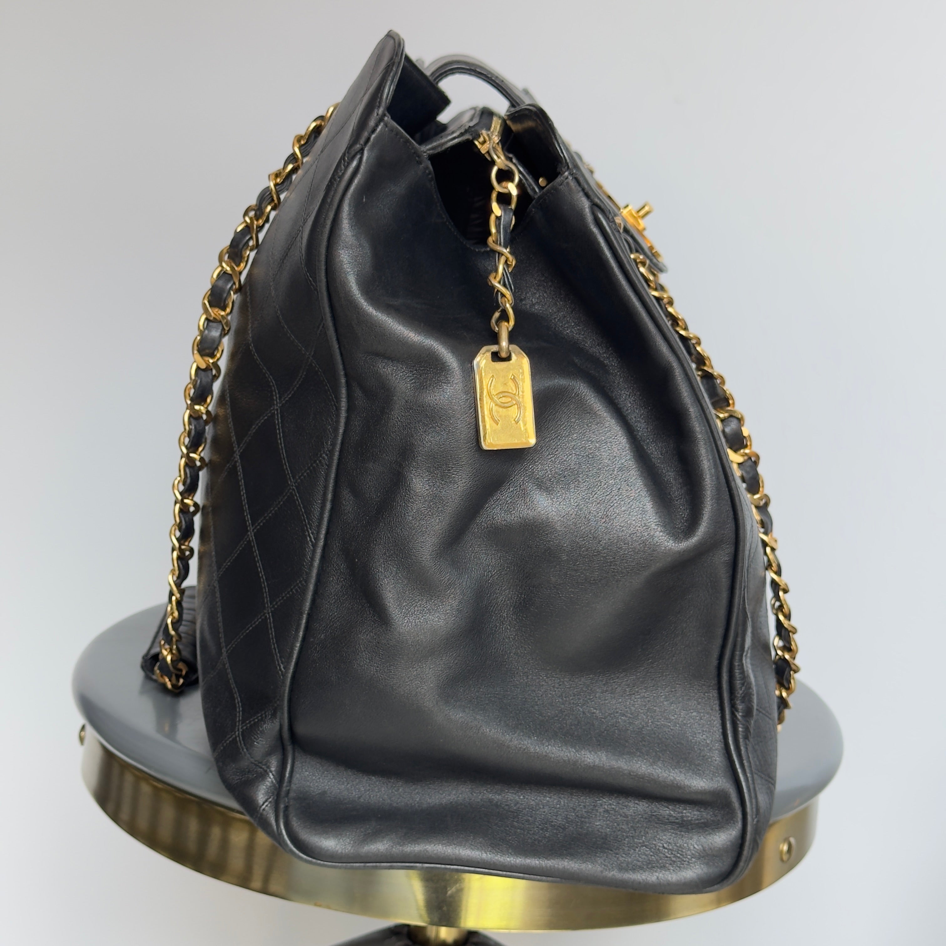 Vintage Chanel Supermodel Tote Bag Black Quilted XL Weekender 24K Gold Hardware - Queen May