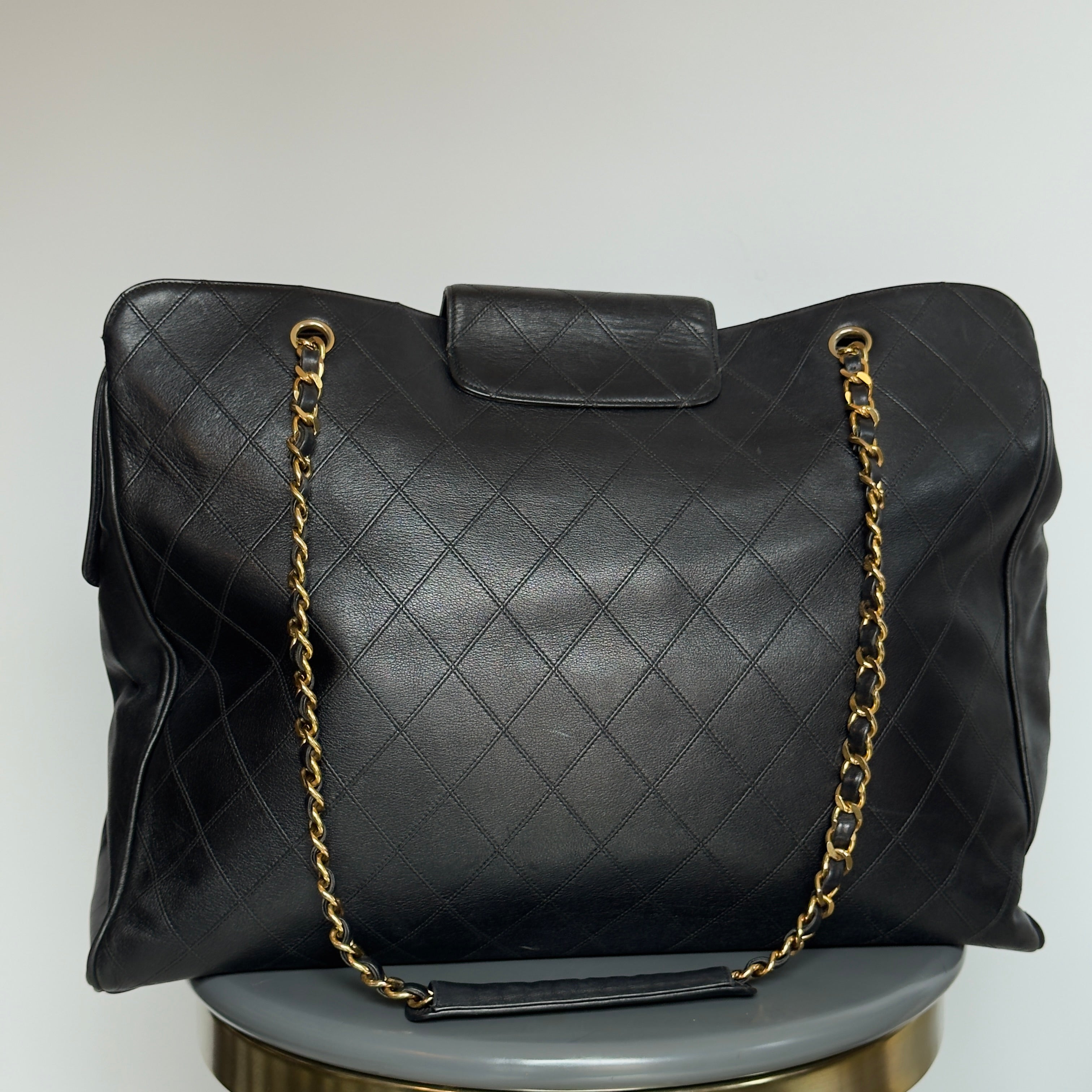 Vintage Chanel Supermodel Tote Bag Black Quilted XL Weekender 24K Gold Hardware - Queen May