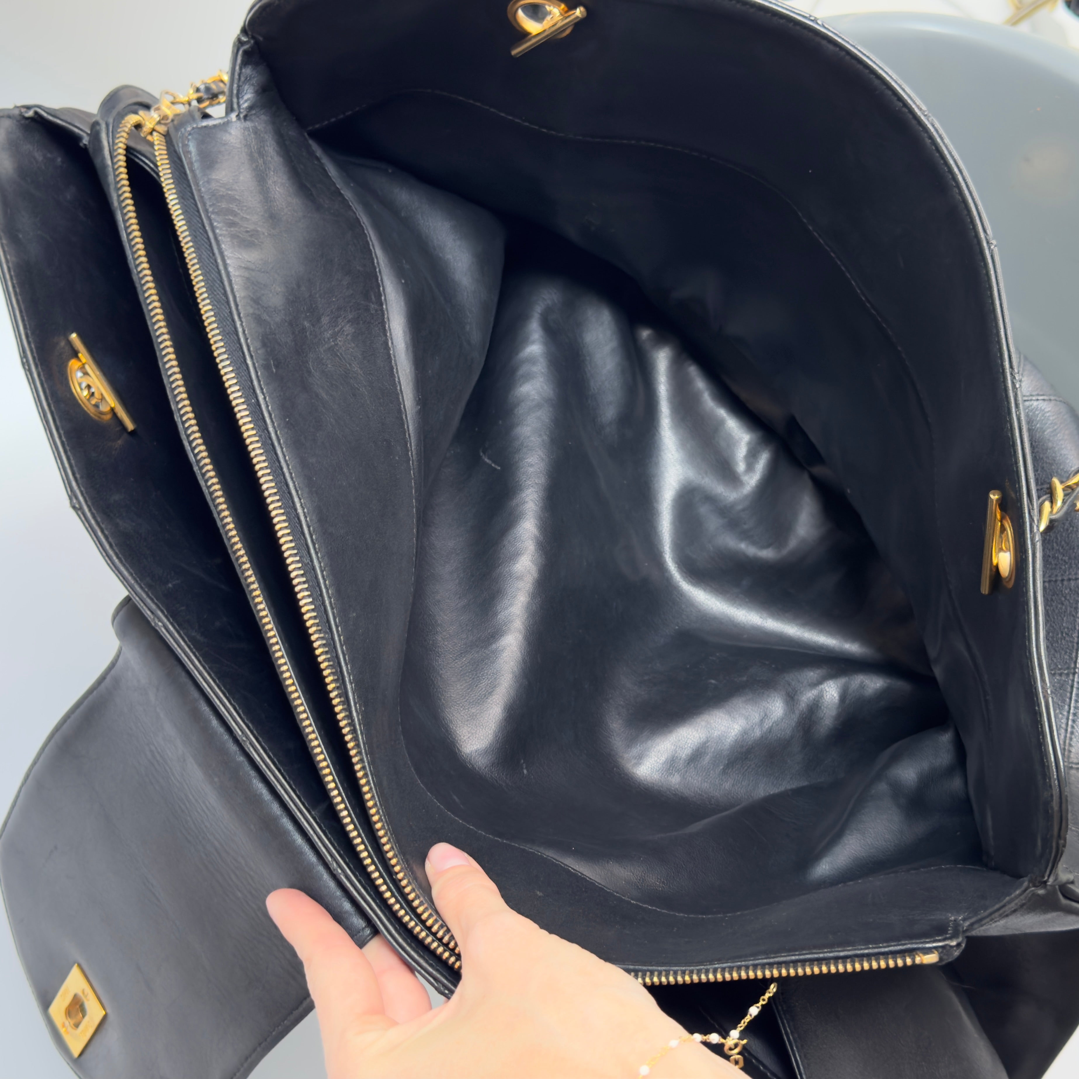 Vintage Chanel Supermodel Tote Bag Black Quilted XL Weekender 24K Gold Hardware - Queen May