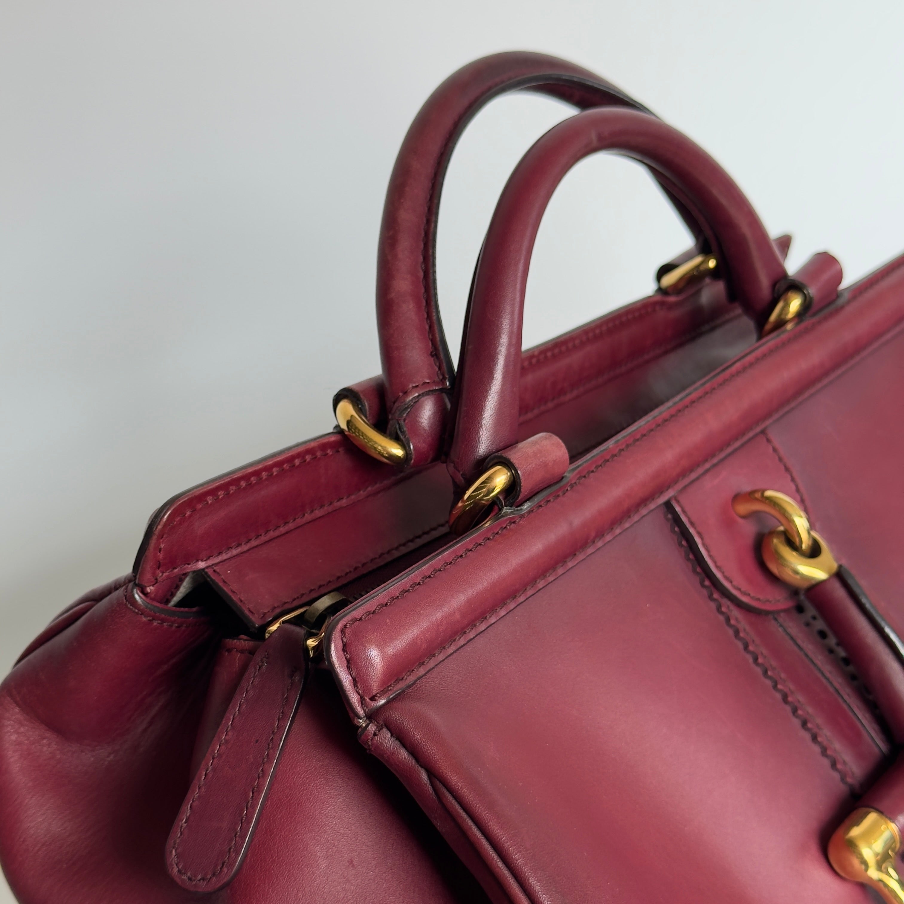 Gucci Calfskin Duilio Brogue Top Handle Bag Bordeaux - Queen May