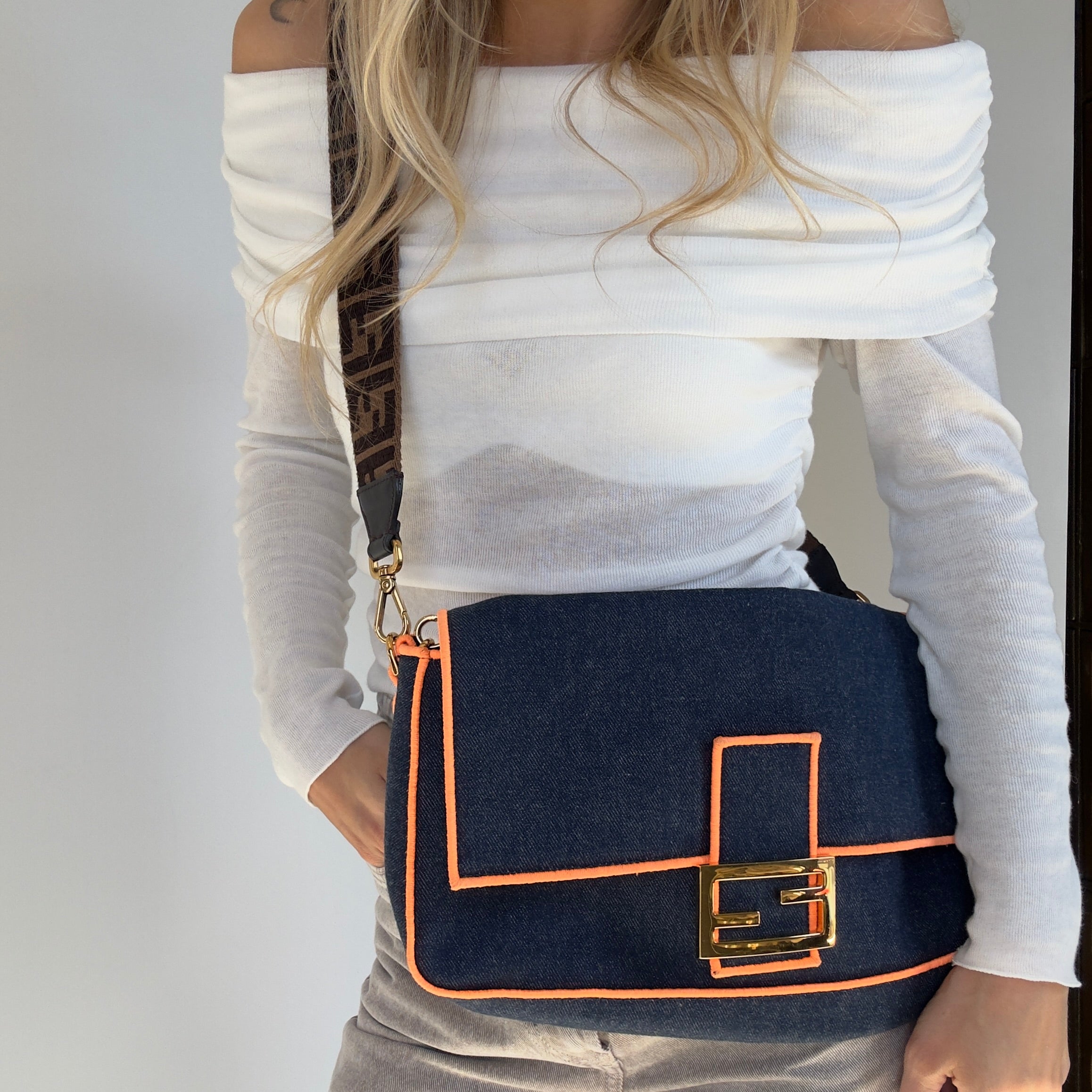 Fendi Denim Large Baguette Orange Trim - Queen May
