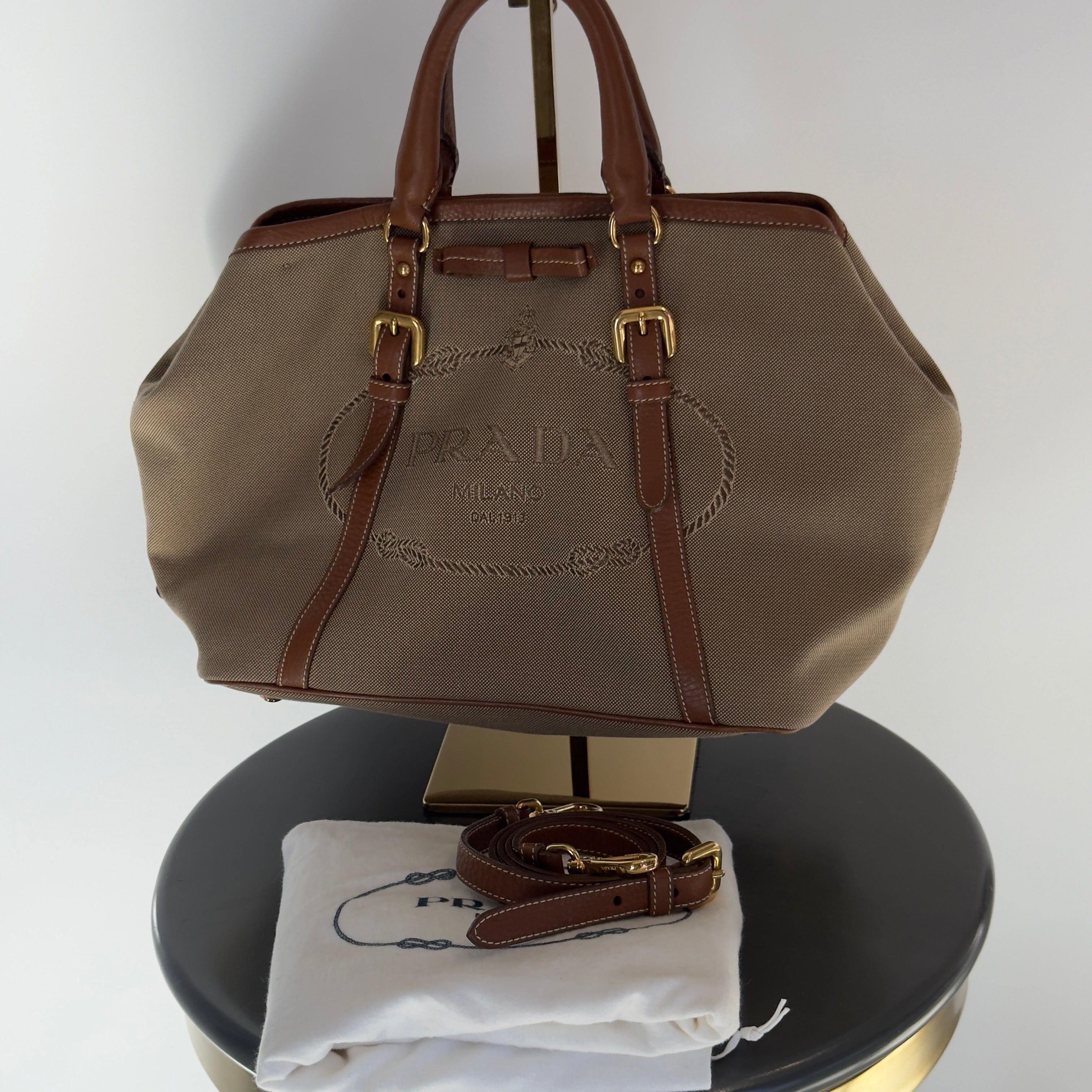 Prada Jacquard Logo Tote Corda Bruciato - Queen May