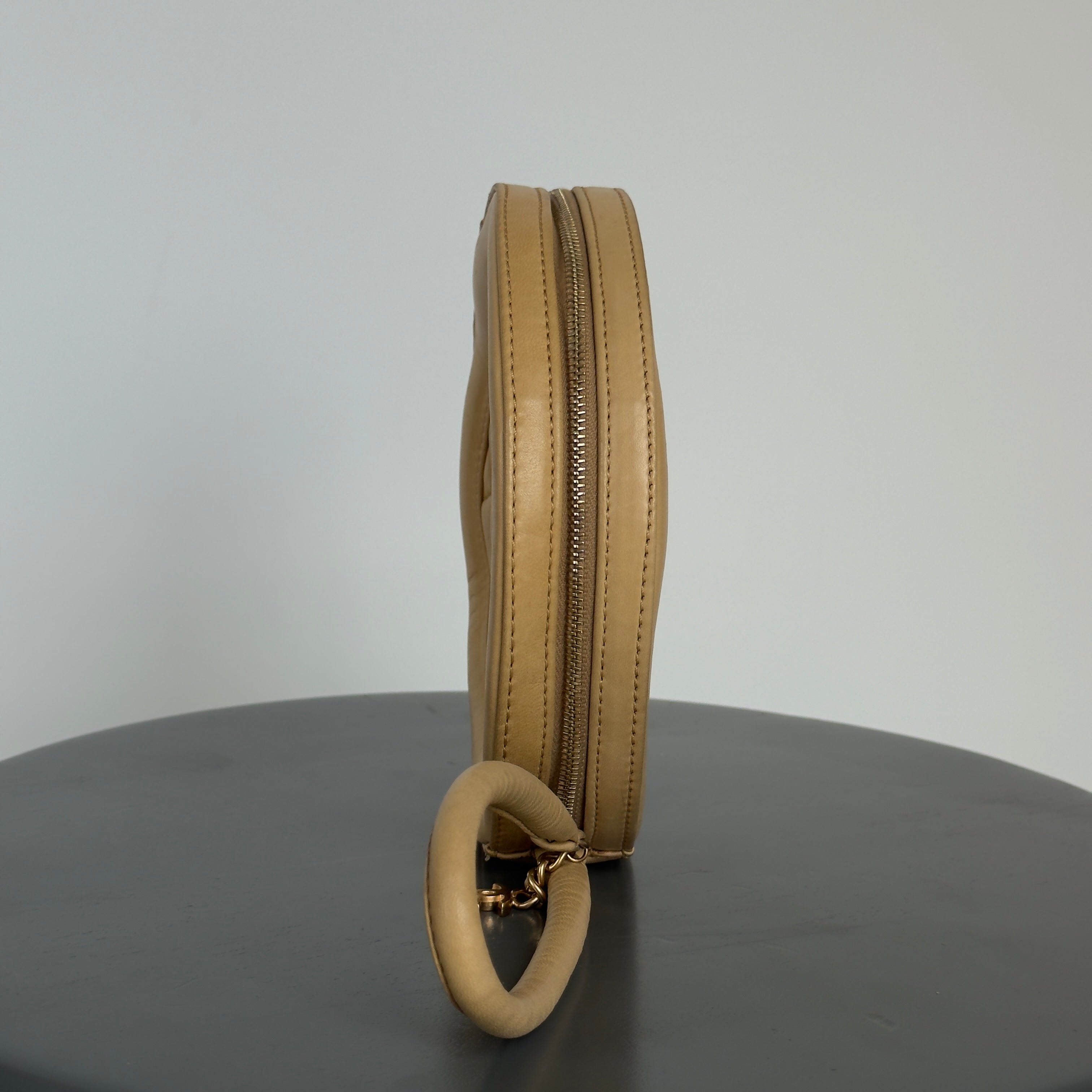 Rare Vintage Chanel CC Logo Circle Tan Leather Wristlet Clutch Bag - Queen May